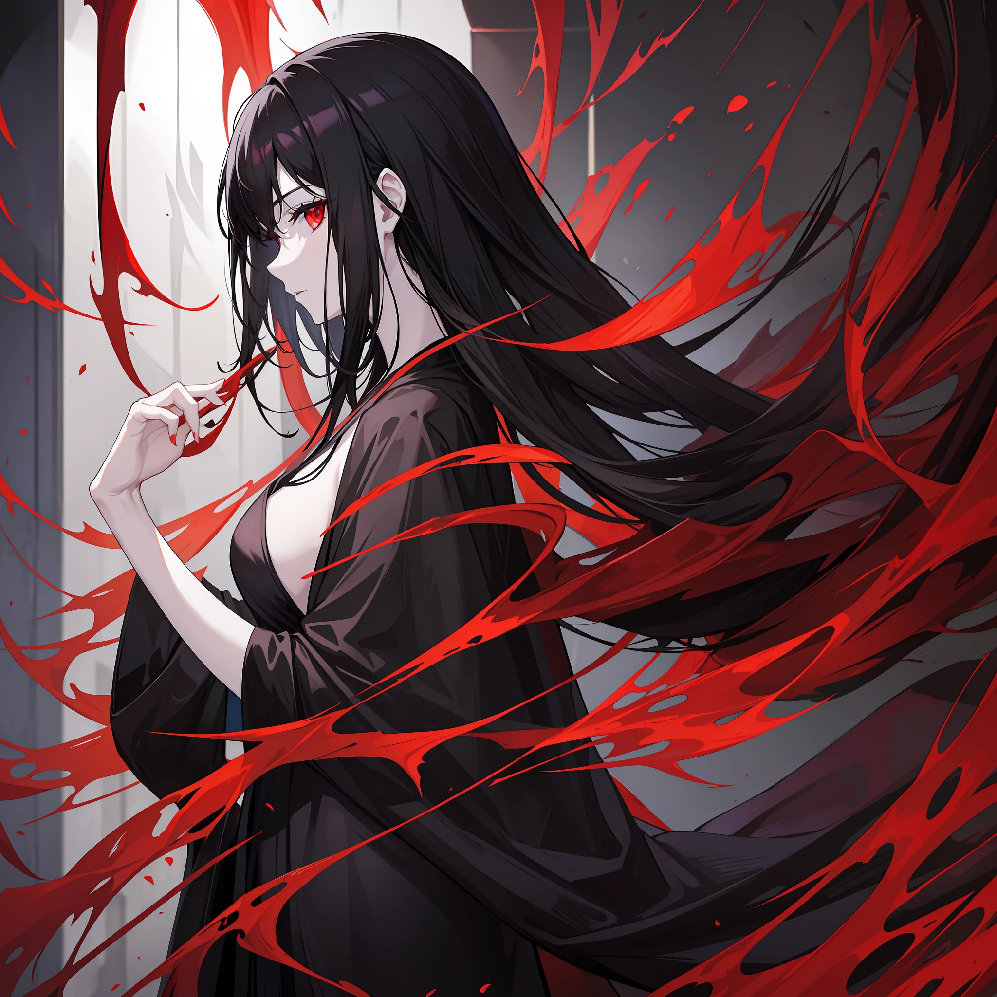 A hot woman with pale skin, black hair, thin robes of crimson and black color