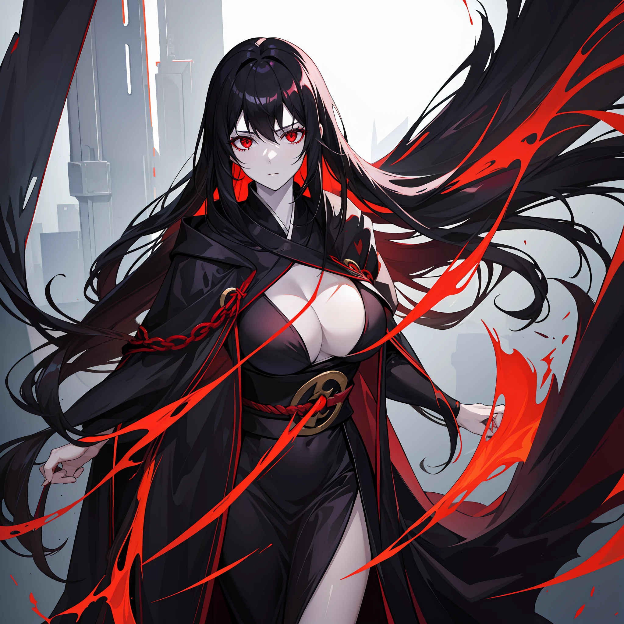 A hot woman with pale skin, black hair, thin robes of crimson and black color