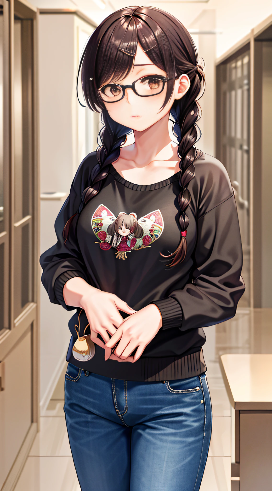 masterpiece, best quality, highres, chi1, 1girl, twin braids, twintails, solo, hair ornament, hairclip, glasses, twin braids, pants, jeans, sweater, collarbone, long sleeves, swept bangs, cowboy shot,