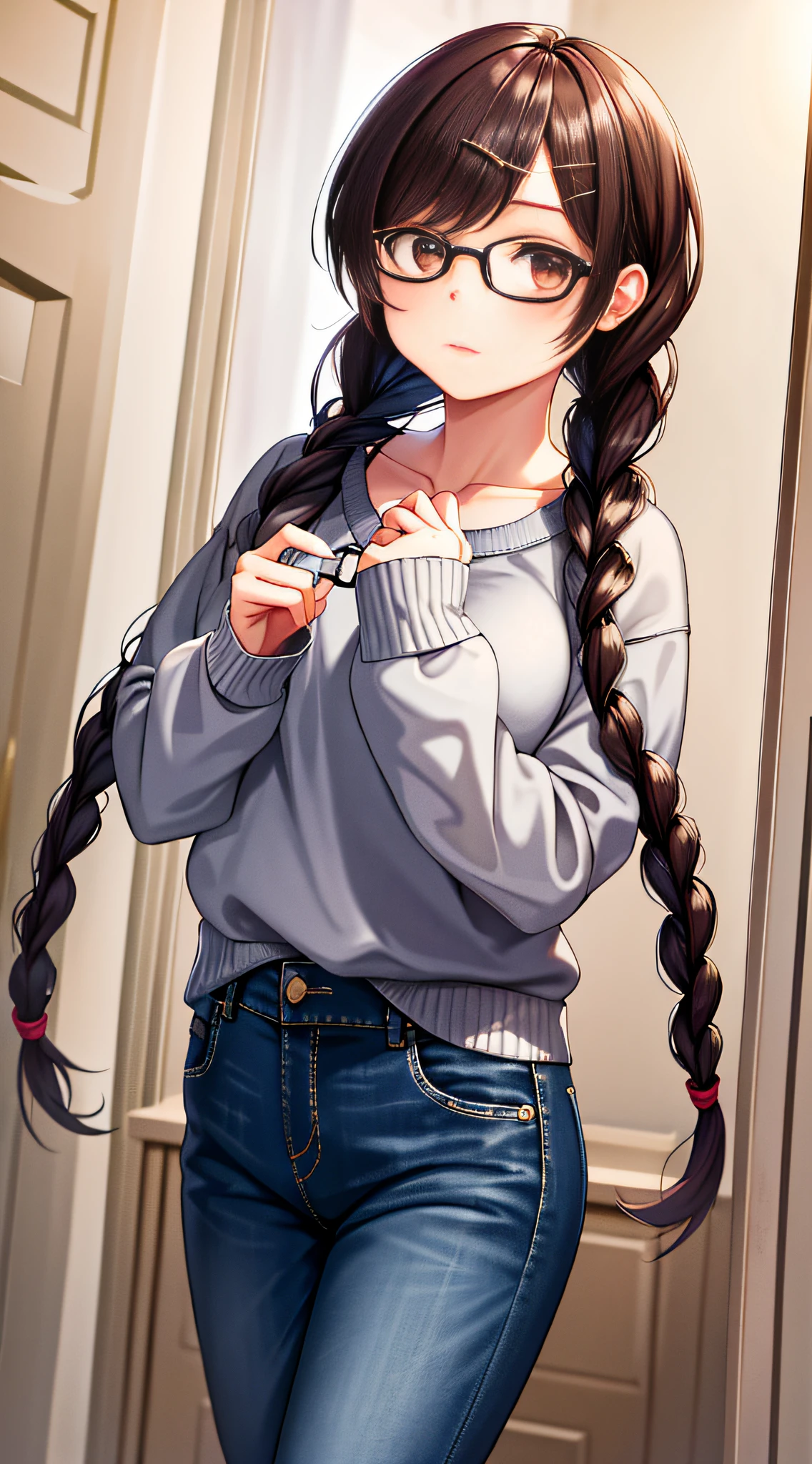 masterpiece, best quality, highres, chi1, 1girl, twin braids, twintails, solo, hair ornament, hairclip, glasses, twin braids, pants, jeans, sweater, collarbone, long sleeves, swept bangs, cowboy shot,