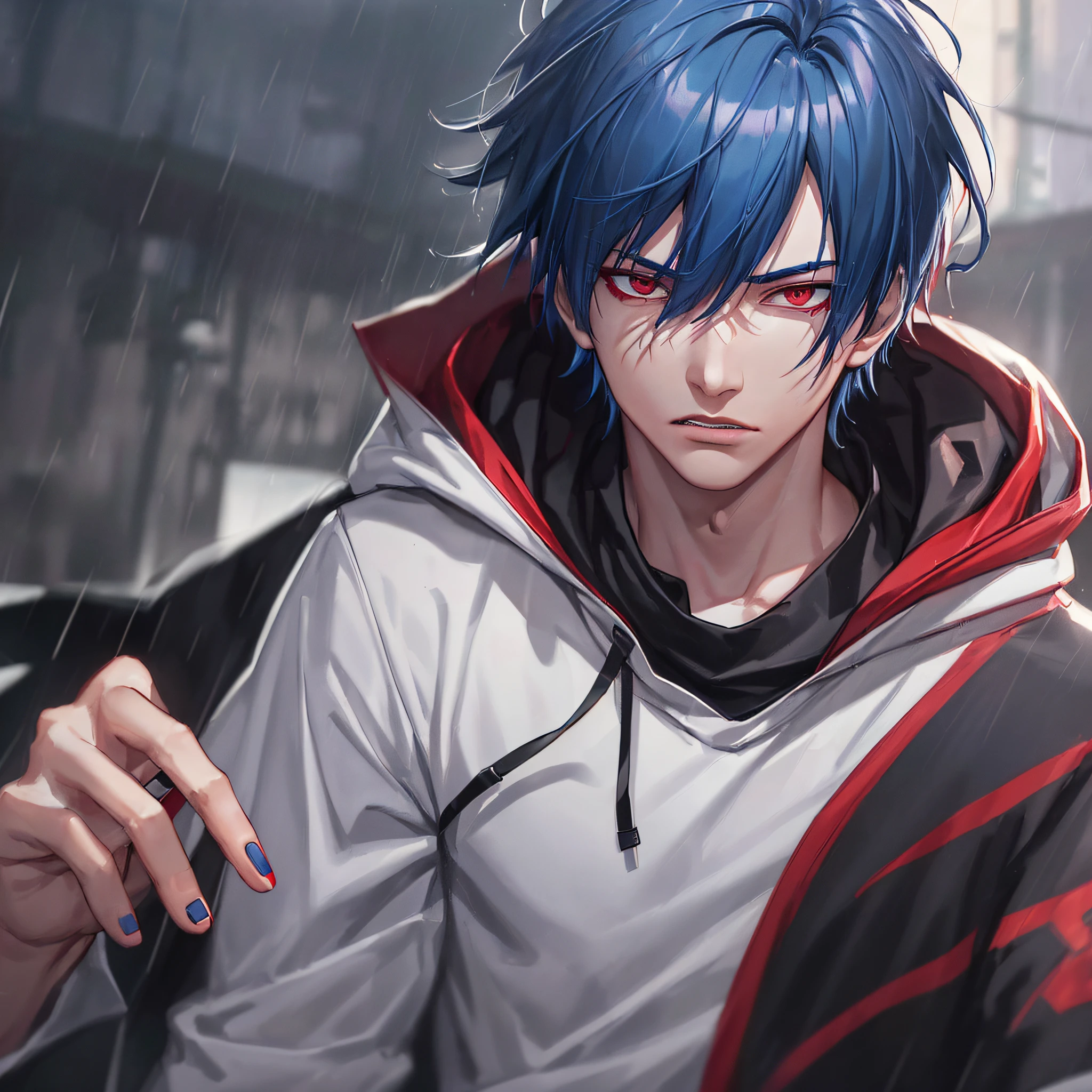 kk, best quality, more details, mastery, 1boy, kaneki ken, portrait, male focus, red eyes, solo, bangs, looking at viewer, hood, short hair, rain, tokyo tokyo (city\), bandana, nail polishing, blue hair, luxury, 8k, details, ray tracing, depth of field, cinema lighting,
