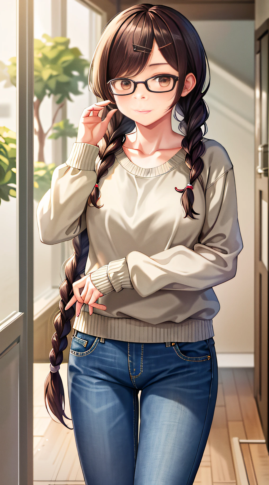 masterpiece, best quality, highres, chi1, 1girl, twin braids, twintails, solo, hair ornament, hairclip, glasses, twin braids, pants, jeans, sweater, collarbone, long sleeves, swept bangs, cowboy shot,