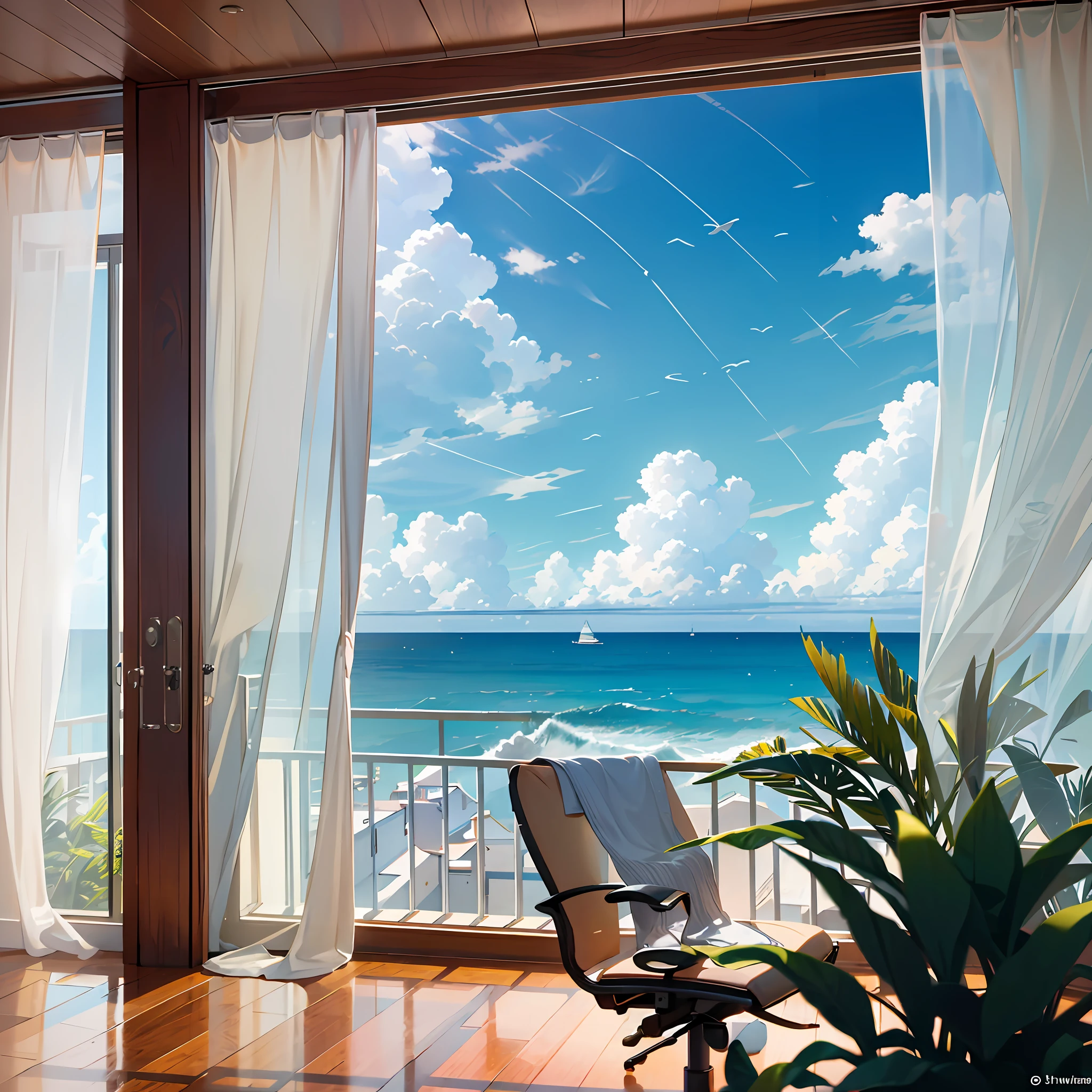 Best image quality, Super high quality, High quality, Room with sea view, curtains, sea breeze, airiness, large window, wooden desk, wooden, ecopunk, view from inside the room towards the window, girl with headphones, facing the desk, studying, from behind: 1.4, blue sky, white clouds, ghibli style, animation, 8k, exhilarating, wind, swaying curtains, houseplants, long hair, view of the vast sea, summer --auto --s2