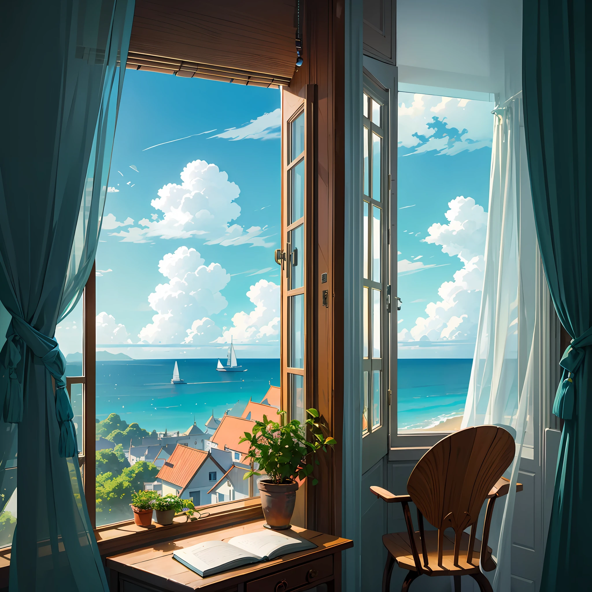 Best image quality, Super high quality, High quality, Room with sea view, curtains, sea breeze, airiness, large window, wooden desk, wooden, ecopunk, view from inside the room towards the window, girl with headphones, facing the desk, studying, from behind: 1.4, blue sky, white clouds, ghibli style, animation, 8k, exhilarating, wind, swaying curtains, houseplants, long hair, view of the vast sea, summer --auto --s2