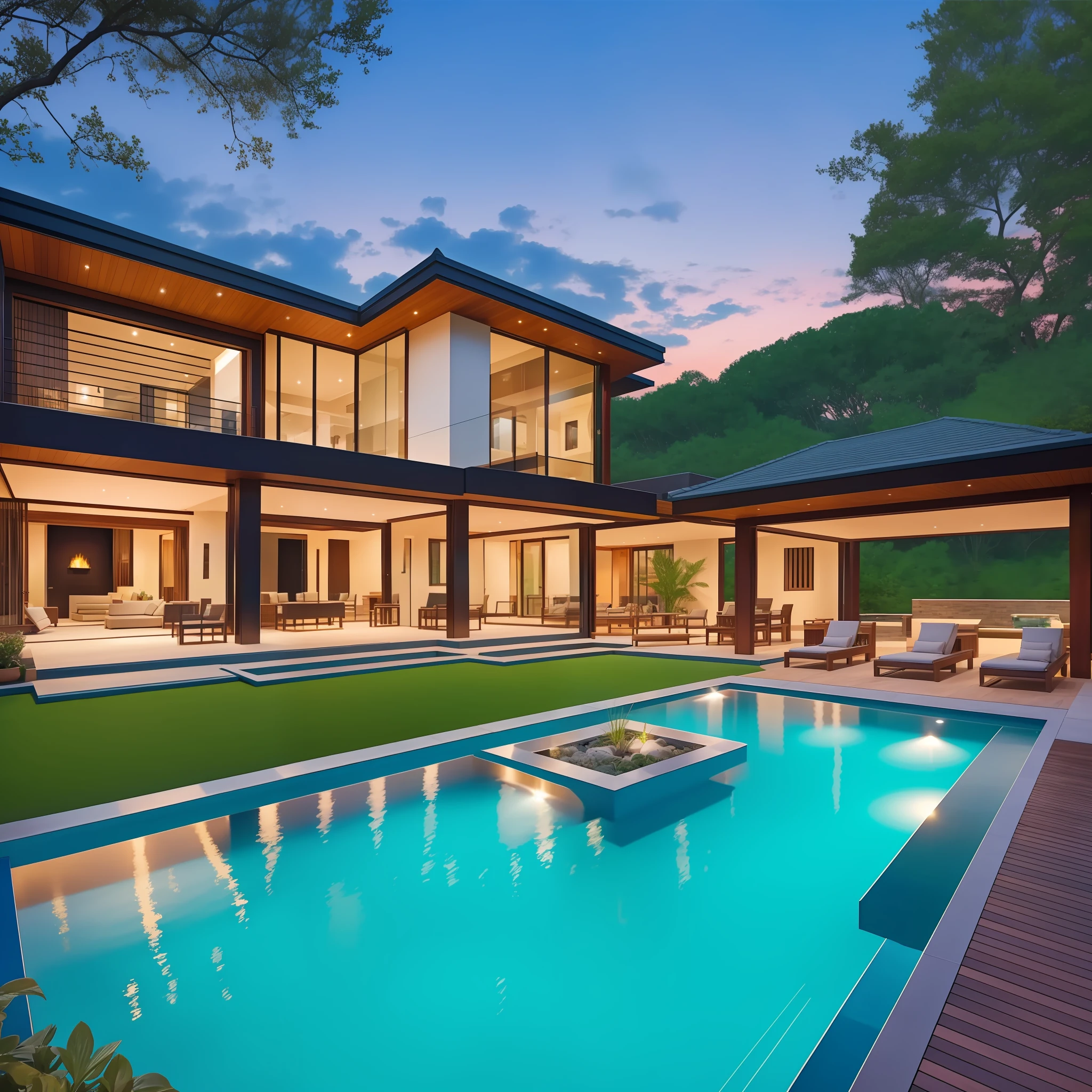 Imagine a breathtaking house nestled amidst lush surroundings, embodying the perfect blend of elegance and serenity. The house stands as a harmonious fusion of modern architecture and natural elements. Its exterior boasts clean lines and large, floor-to-ceiling windows that seamlessly merge the interior with the surrounding landscape.
As you step inside, you’re greeted by a grand entrance adorned with exquisite artwork and a cascading waterfall feature that creates a soothing ambiance. The interior is designed with an open floor plan, allowing for a seamless flow between the living spaces. High ceilings with skylights flood the rooms with an abundance of natural light, creating a warm and inviting atmosphere.
The main living area features plush furnishings, carefully selected to combine comfort with style. A centerpiece fireplace adds a touch of cozy elegance, perfect for gathering with loved ones on chilly evenings. The spacious kitchen is a culinary haven, equipped with state-of-the-art appliances, sleek countertops, and ample storage space.
Moving further into the house, you’ll discover a private oasis—the master suite. The master bedroom offers panoramic views of the surrounding landscape, with large glass doors leading to a private terrace. The en-suite bathroom showcases luxurious fixtures, a deep soaking tub, and a spacious walk-in shower, providing a spa-like retreat within the comforts of home.
Venturing outdoors, you’re greeted by meticulously landscaped gardens, complete with vibrant flowers, winding paths, and a serene water feature. A spacious patio area beckons for al fresco dining and entertaining, while a sparkling swimming pool offers a refreshing escape during warmer months.
This beautiful house is a testament to the perfect balance between nature and contemporary design. It harmonizes with its surroundings, inviting residents and guests to experience a sanctuary of tranquility and timeless beauty. --auto --s2