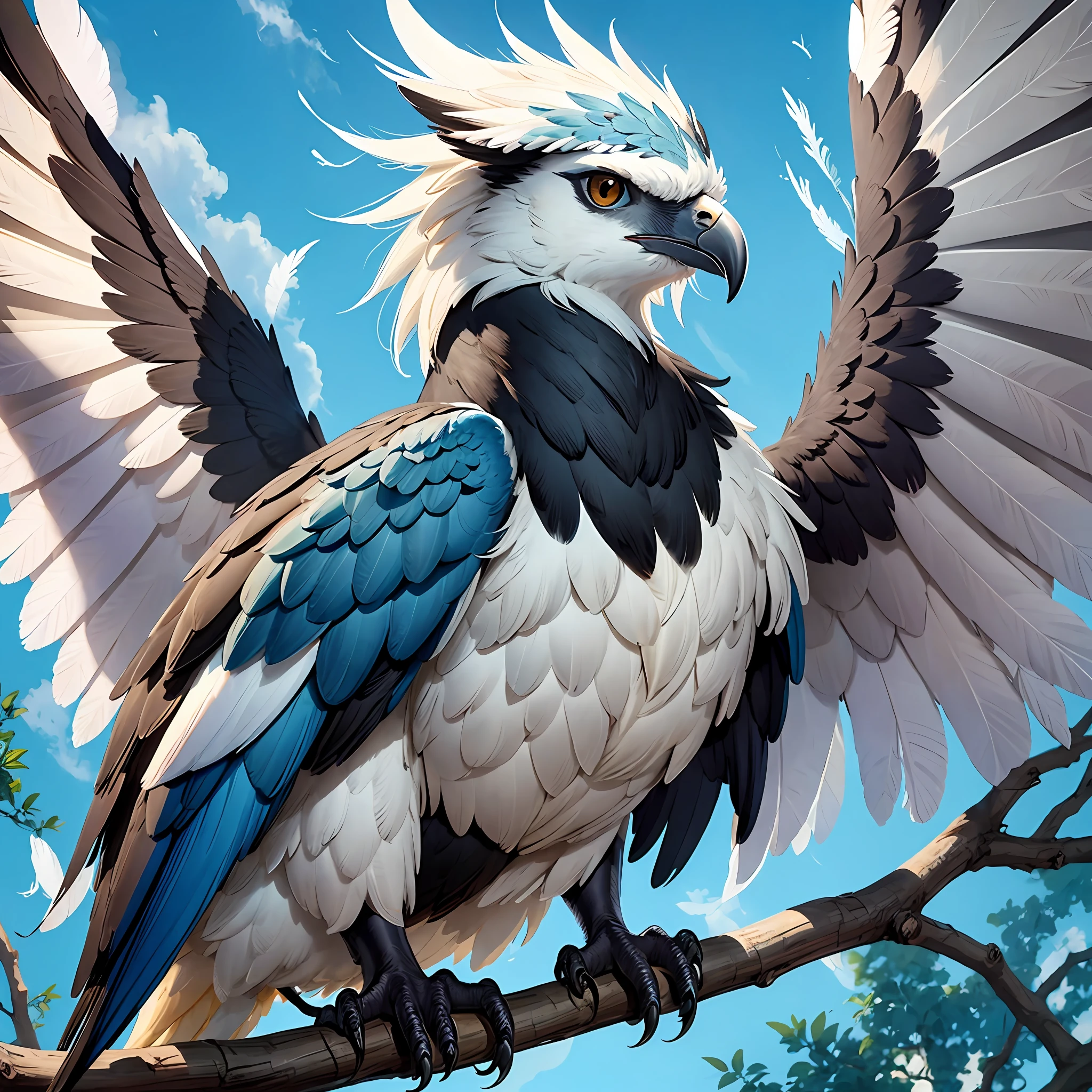 harpy, large, beautiful feathers, strong claws, big beak, black eyes, open wings, tree, blue sky, soft picture --auto --s2