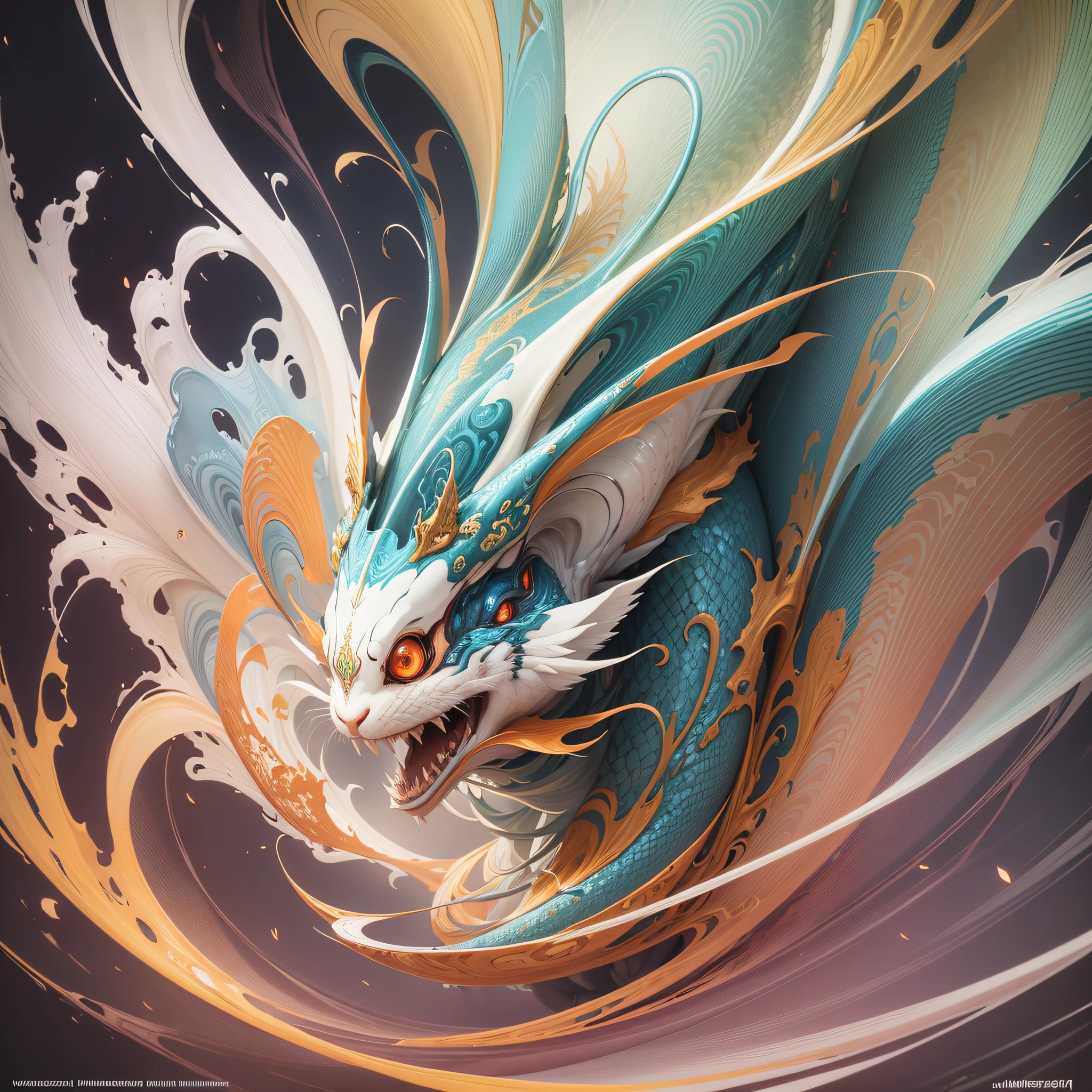 subsurface scattering, white, koi, rabbit deity with dragon armor, art nouveau swirls, vibrant colors, octane render, by jesper ejsing, james jean, justin gerard, tomasz alen kopera, cgsociety and fenghua zhong, highly detailed, rim light, art, cinematic lighting, very coherent, hyper realism, high detail, 8 k --auto --s2