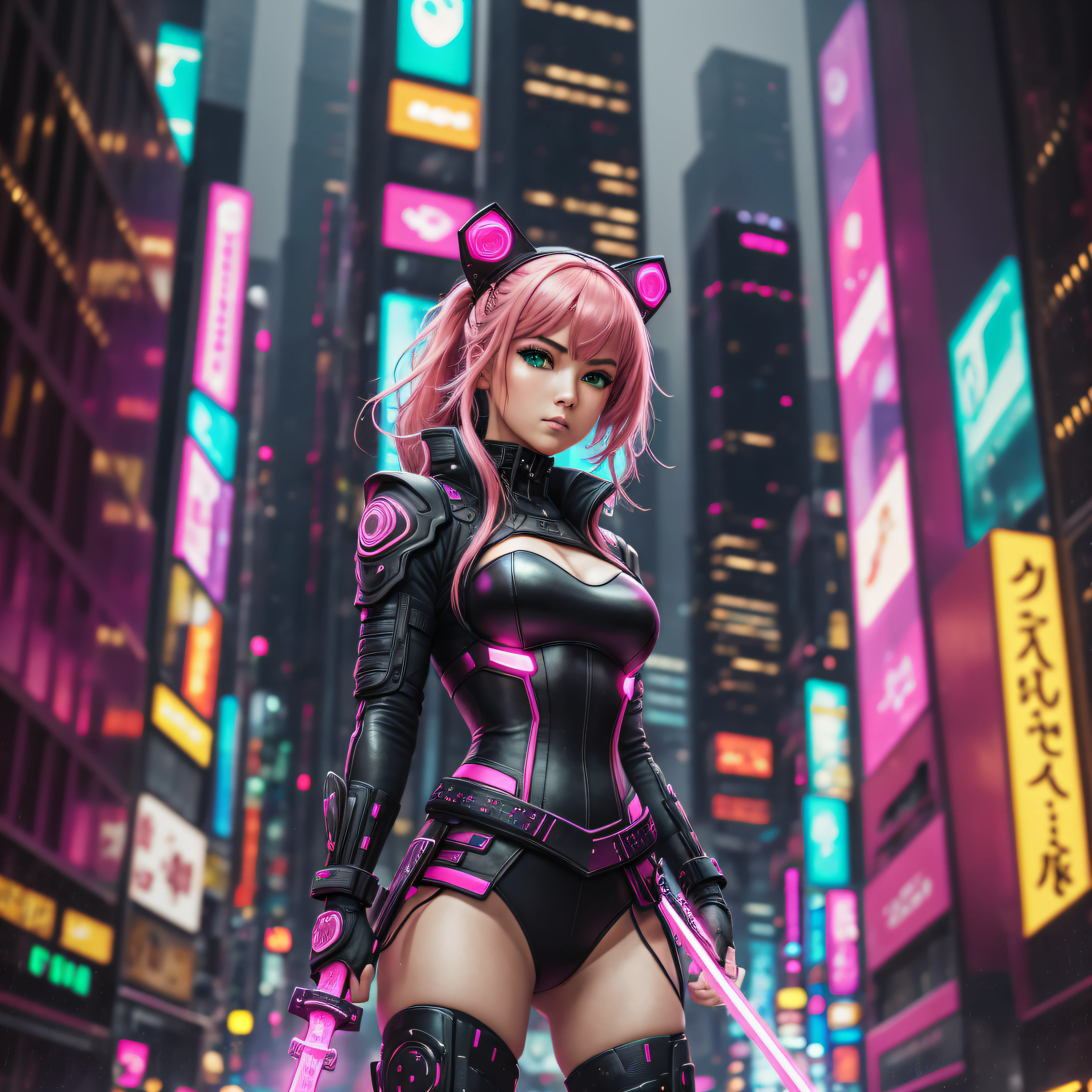 best quality, 8k, ultra realistic details, vivid colors, chaotic city, rainy weather, cyberpunk costumes, tokyo, mirrored skyscrapers, night, wet streets, people in a hurry, led lighting in yellow, cyan, green and pink tones, warrior woman, pink hair, standing, in the middle of the city, with futuristic black and pink outfit, holding a pink led sword, Black glove on left hand, blurred city background, 16mm f1.4 lens --auto --s2