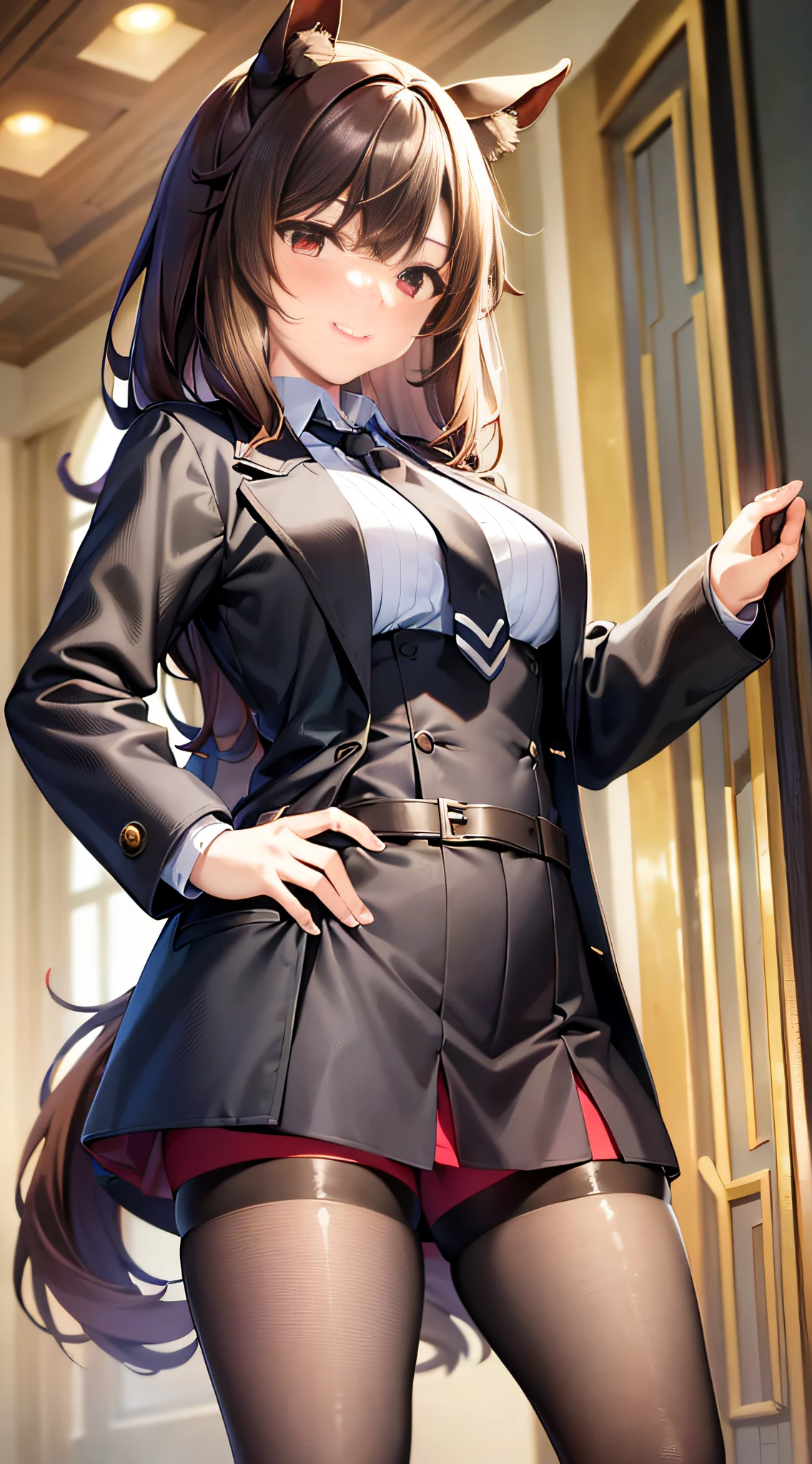 ((masterpiece, best quality)), 1girl, smile, 
agnes tachyon \(umumusume\), horse girl, horse tail, brown hair, red eyes, 
standing, 
labcoat, black pantyhose, sleeves past fingers, yellow sweater, black necktie, black shirt, sleeves past wrists, sleeves past fingers