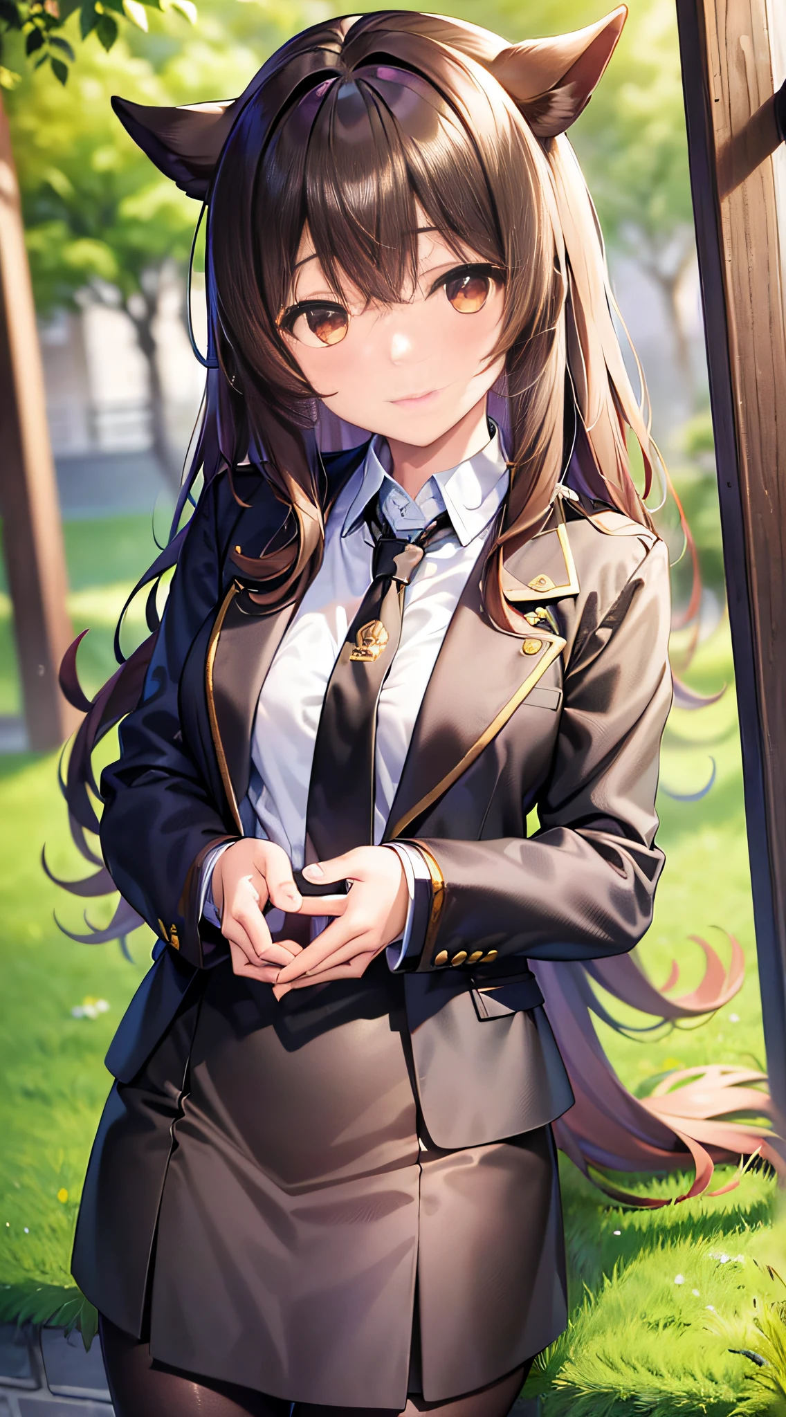 ((masterpiece, best quality)), 1girl, smile,
agnes tachyon \(umumusume\), horse girl, horse tail, brown hair, red eyes,
standing,
labcoat, black pantyhose, sleeves past fingers, yellow sweater, black necktie, black shirt, sleeves past wrists, sleeves past fingers