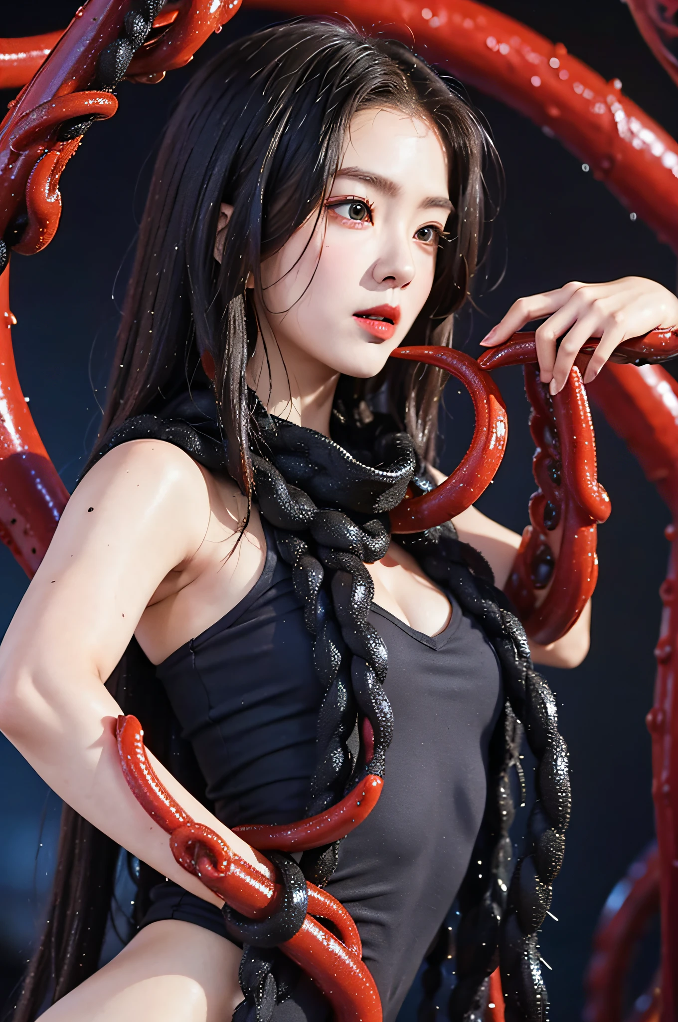 It is surrounded by viscous liquid and is lifted by black tentacles