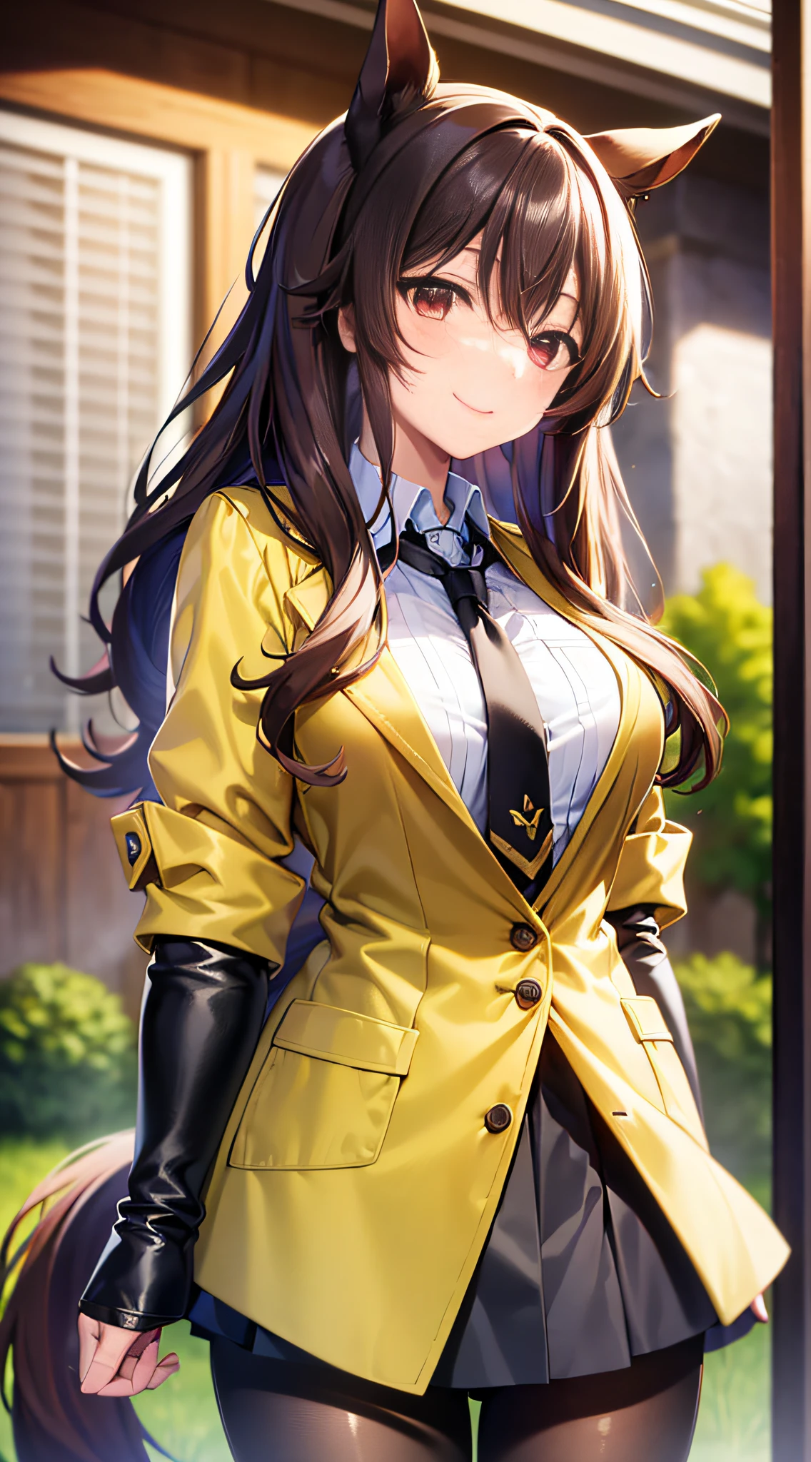 ((masterpiece, best quality)), 1girl, smile, 
agnes tachyon \(umumusume\), horse girl, horse tail, brown hair, red eyes, 
standing, 
labcoat, black pantyhose, sleeves past fingers, yellow sweater, black necktie, black shirt, sleeves past wrists, sleeves past fingers