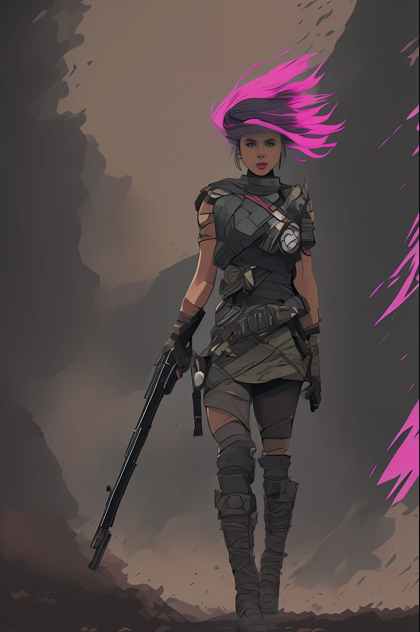 Full body picture, a girl, short skirt, double ponytail, long boots, warrior-like, shooting, firearms, wasteland style, punk