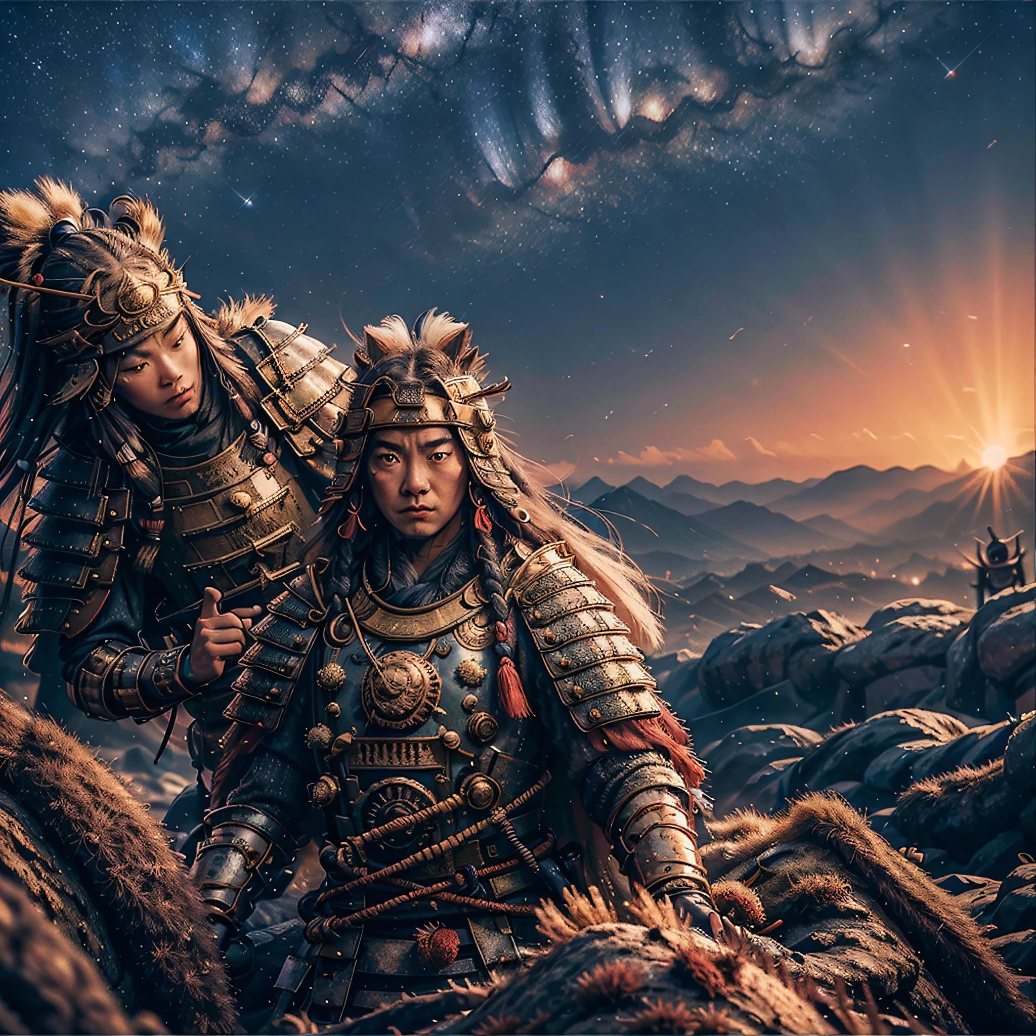 Late in the evening, doubled face, light and shade, sunset, starry night sky, cliff, black silk, Look down, tribe, Surrealism, drop shadow, anaglyph, stereogram, tachi-e, pov, atmospheric perspective, 8k, super detail, ccurate, best quality --auto --s2