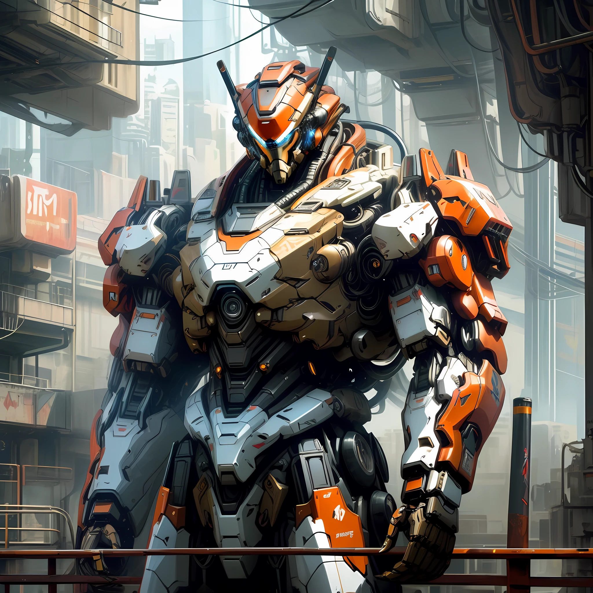 Dark_Fantasy, cyberpunk, (best quality, masterpiece), white, huge mecha in the shape of an orangutan, mechanical marvel, robot presence, cybernetics guardian, wearing cybernetic jacket, city, highest quality digital art, stunning art, wallpaper 4k, highly detailed, military robot, army, war zone, black and white, highest quality digital art, stunning art, wallpaper 4k, 8k, 64k, hd, unparalleled masterpiece, dynamic lighting, movie, epic, damaged mechanical parts