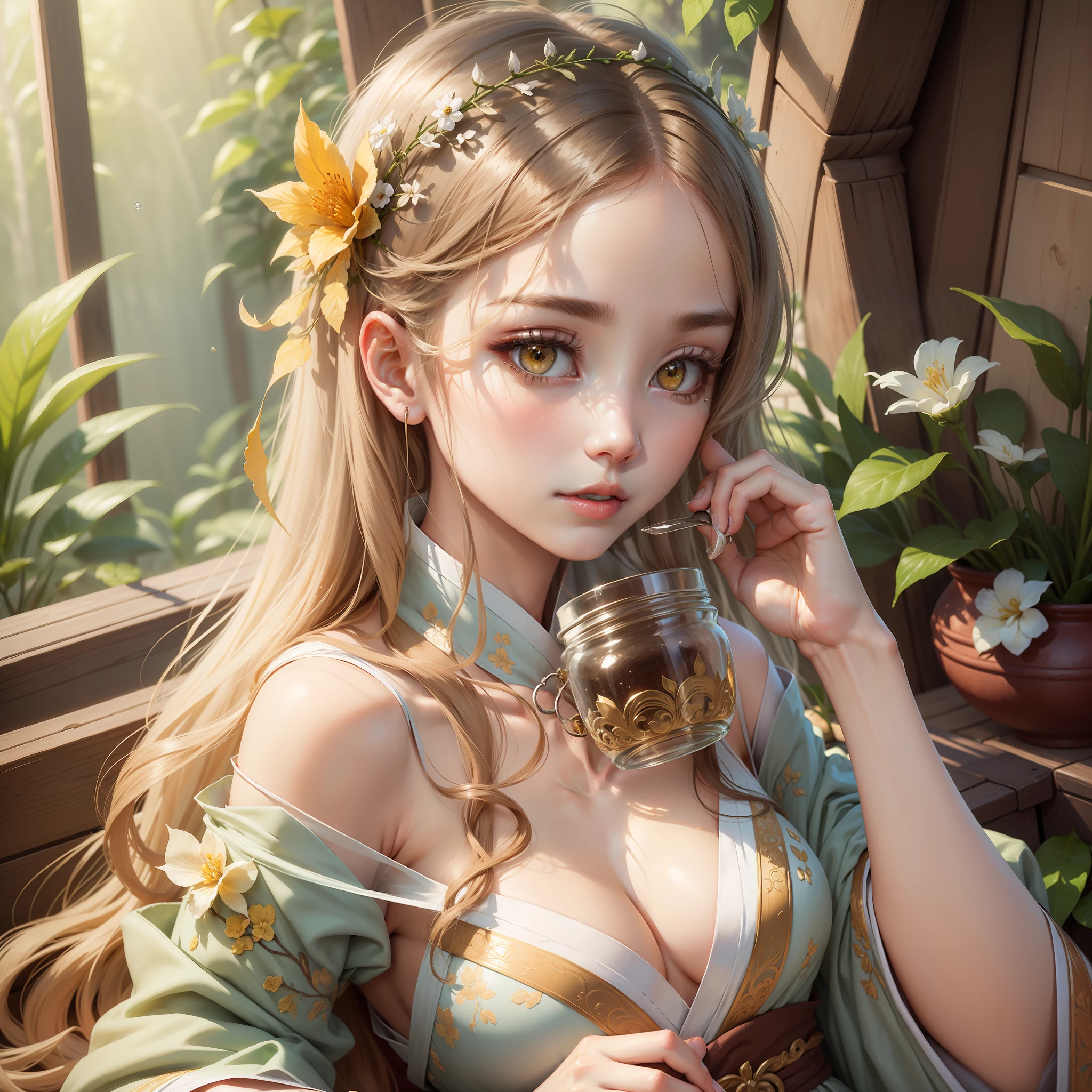 Highest Quality, Natural Lighting, High Resolution, Original, Ethereal Beauty, Seductive Gaze, Charming Poses, Otherworldly Charm, Very Detailed Wallpapers, Very Detailed Illustrations, (1 Girl), Charming Beautiful Gorgeous Woman, Perfect female body, beautiful eyes, (delicate face), (seductive expression), yellow eyes, influence, (beautiful details water: 1.4), (Hanfu, Tang style), red lips, (glass jar Girls in: 1.1),