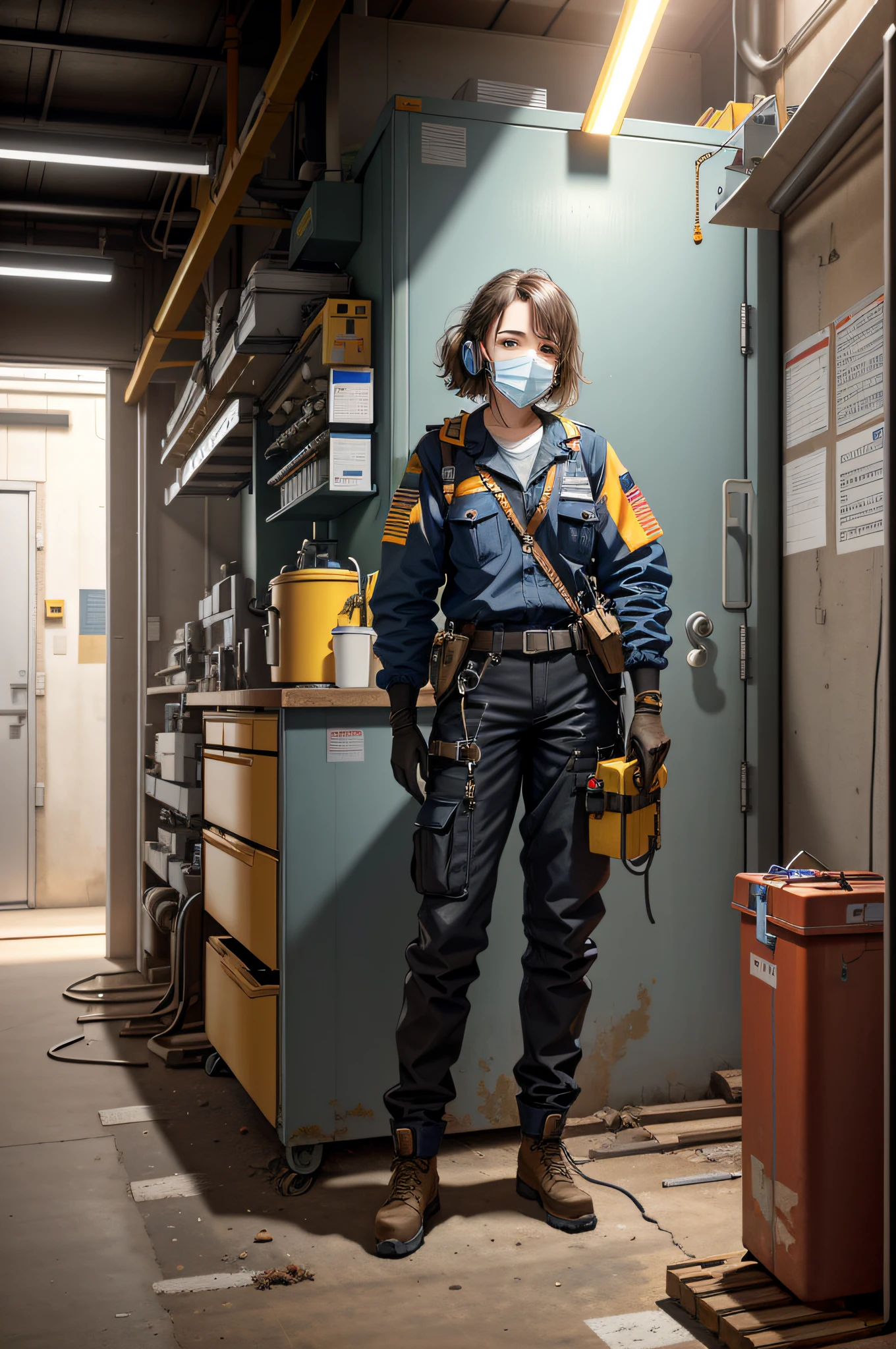 masterpiece, best quality, ultra-detailed, illustration, 1girl, solo, shiny, reflective, latex, work clothes, sexy, body, squat, detailed, work shoes, messy, workshop, industry, high heels, black, red, silver, metal, gloves, goggles, protection, equipment, machinery, tools, sparks, dirt, oil, stains, sweat, exhaust, pipes, instruments, dials, pipes, instruments, dials, buttons, levers, cables, wires, hydraulics, systems hydraulic presses, cranes, pulleys, welding, torches, grinders, drills, saws, hammers, screwdrivers, wrenches, pliers, wrenches, tool boxes Fire extinguishers, first aid kits, ventilation, pipes, lamps, emergency exits, warning signs, warning tape, posters, calendars, coffee cups, dirty, workbenches, storage compartments, shelves, dustbins, lockers, safety vests, earmuffs, masks, respirators, smoke, smoke, smoke, smoke, debris, concrete floors, concrete walls, metal beams, rivets, bolts, screws, nuts, gaskets, hooks, chains, ropes, hooks, lubricants, bearings, liquids, solvents, adhesives, lubrication, maintenance, repair, overhaul, upgrades, installation, assembly, manufacturing, customization, prototyping, research, development, testing, quality control, inspection, certification, compliance, regulations, standards, efficiency, productivity, innovation, excellence, satisfaction, teamwork, dedication, professionalism, authorization, diversity, equality, respect, safety culture, industrial fashion, sci-fi, cyberpunk, dystopia