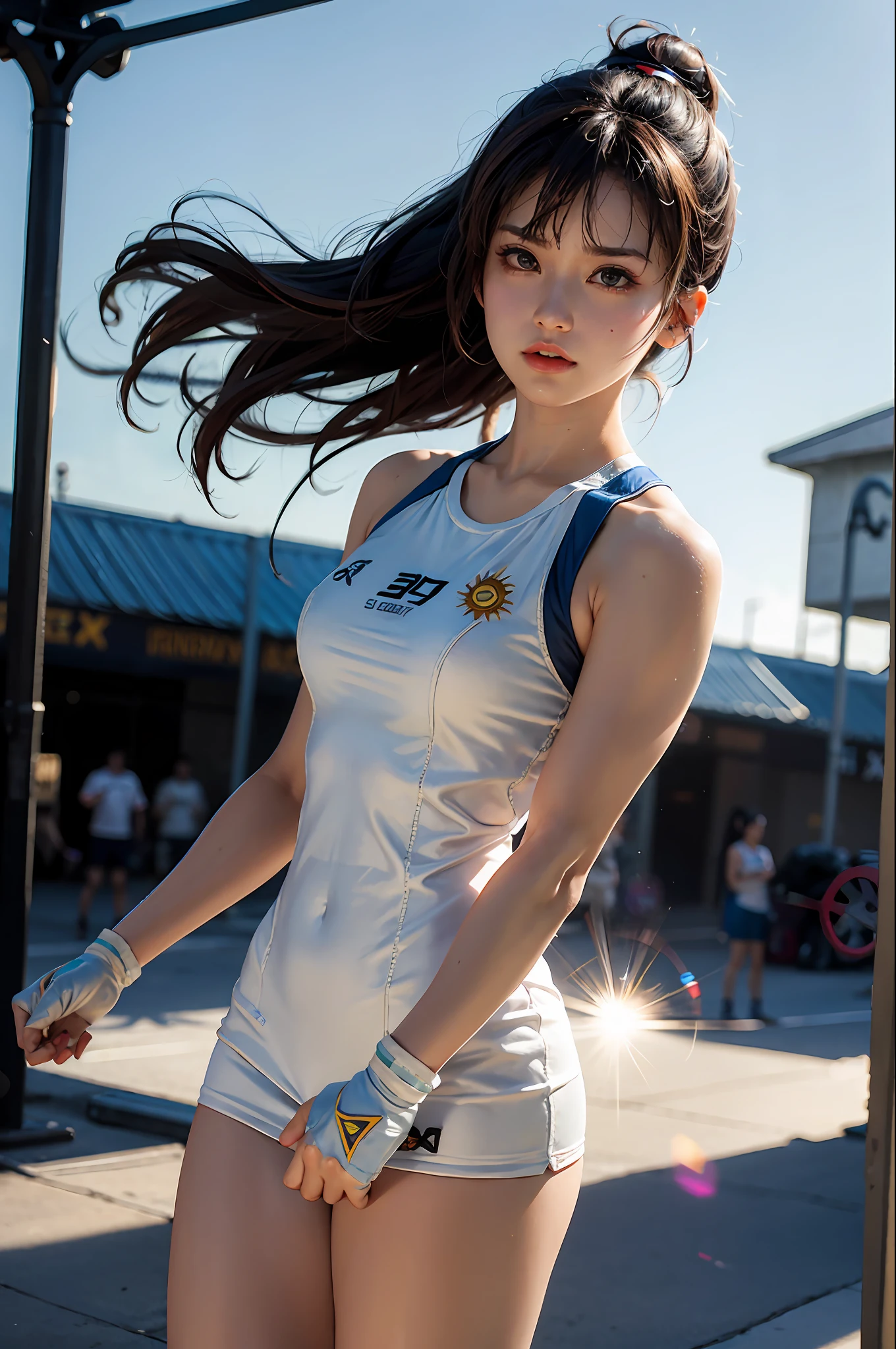 1 girl, sweet, sun glare, chunli, dress conservatively, exercise clothes, street fighter, bodybuilding, bokeh, depth of field, blurred background, light particles, strong wind, head tilt,
