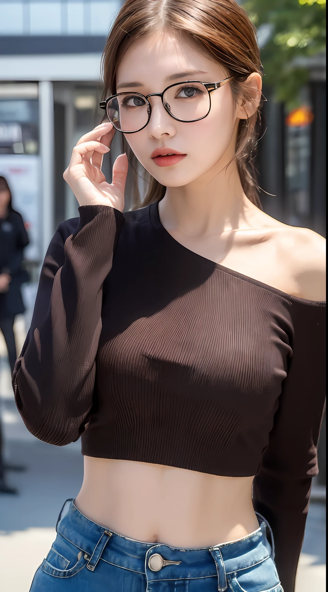 ((Best quality, 8k, Masterpiece :1.3)), Sharp focus :1.2, A pretty woman with glasses, perfect figure :1.4, Slender abs :1.2, ((Dark brown hair, Medium breasts :1.2)), (V neck long sleeves shirt, Cut off shorts :1.1), City street:1.2, Highly detailed face and skin texture, Detailed eyes, Double eyelid