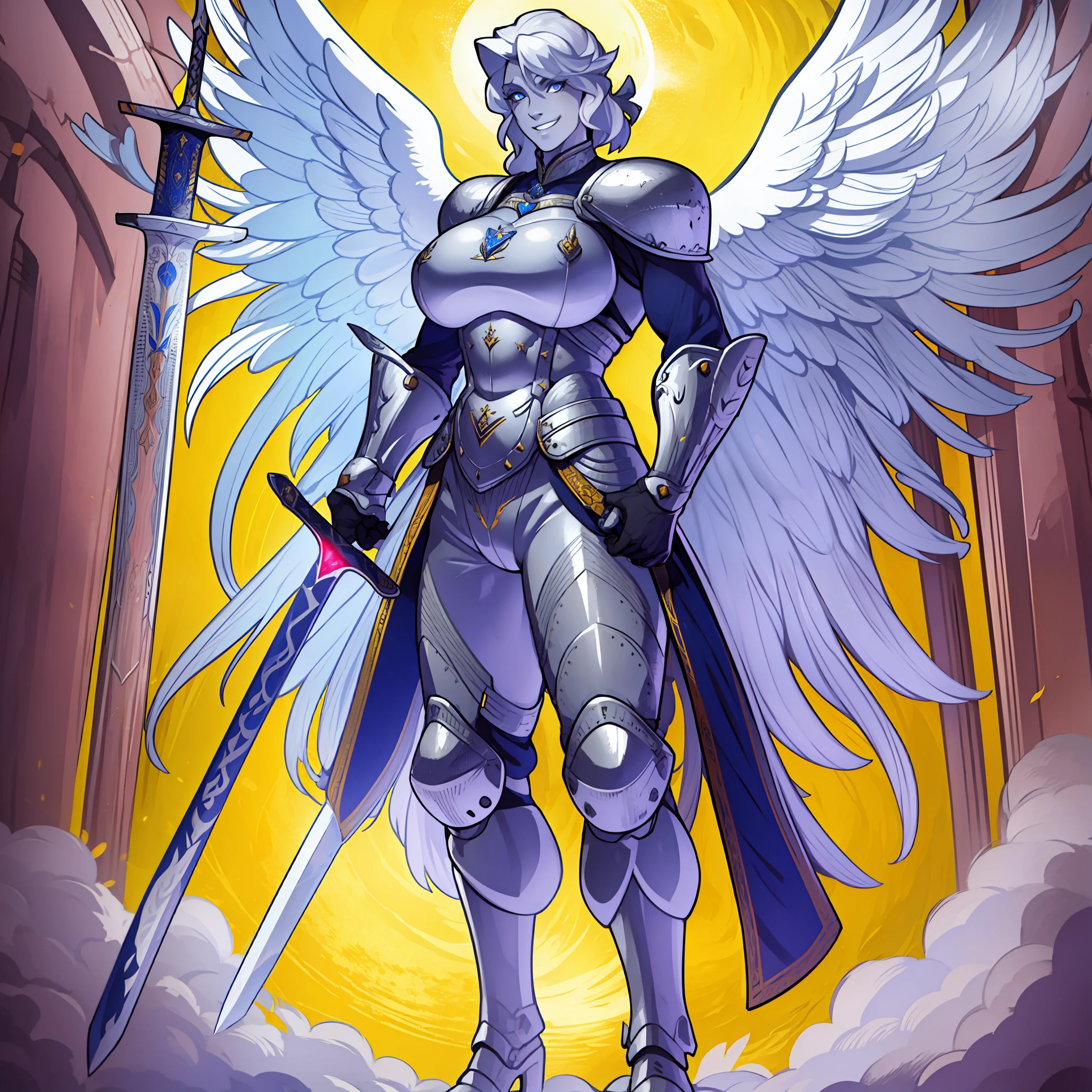 knight, young girl, sword holding , schield holding, angel, silver hair, blue eyes, portrait, 1character, full body, musclegirl , huge breast, tall female, portrait, full body, smile, pants