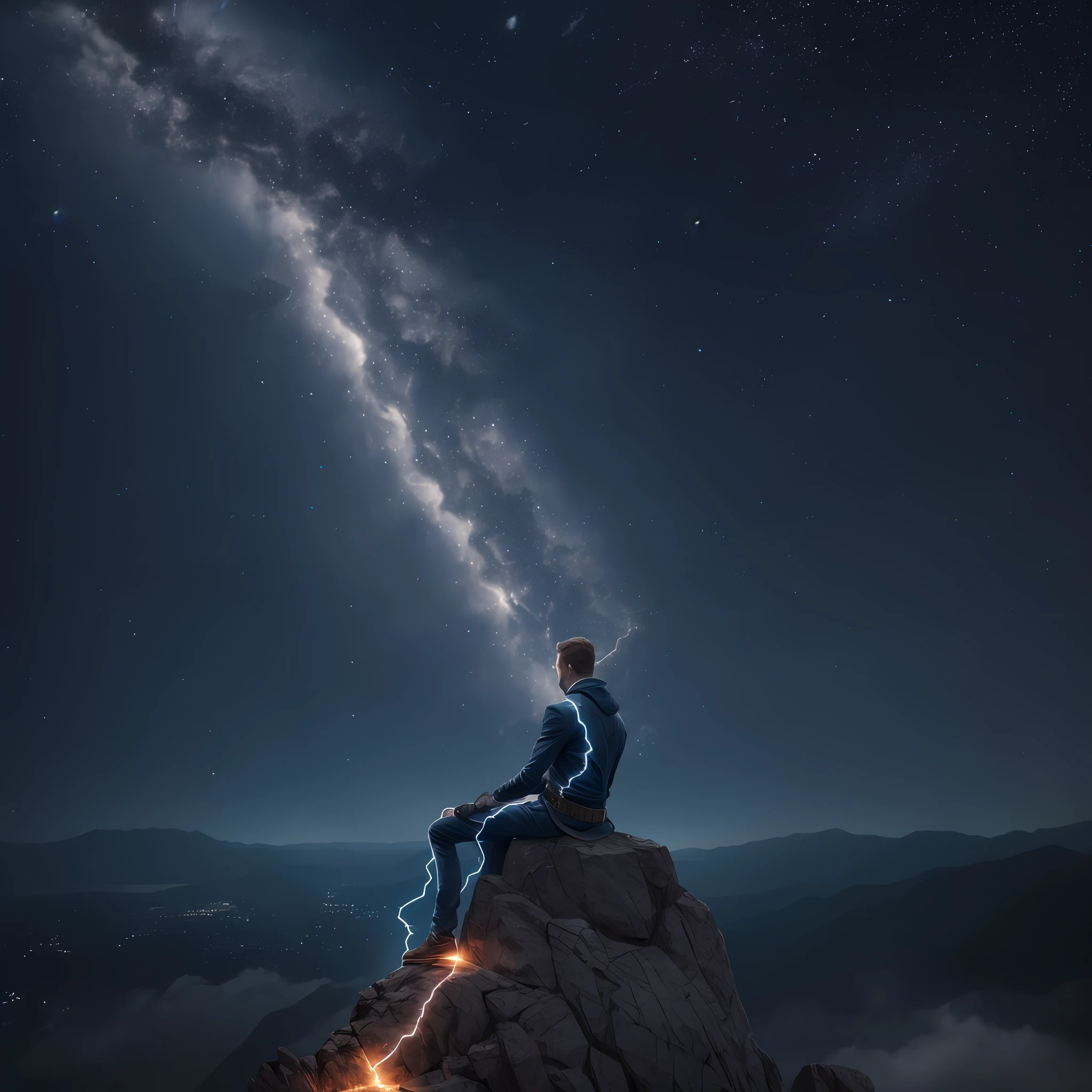 A lightning elemental man sitting on the edge of a precipice enjoying starry in the highly detailed 8k night sky --auto --s2
