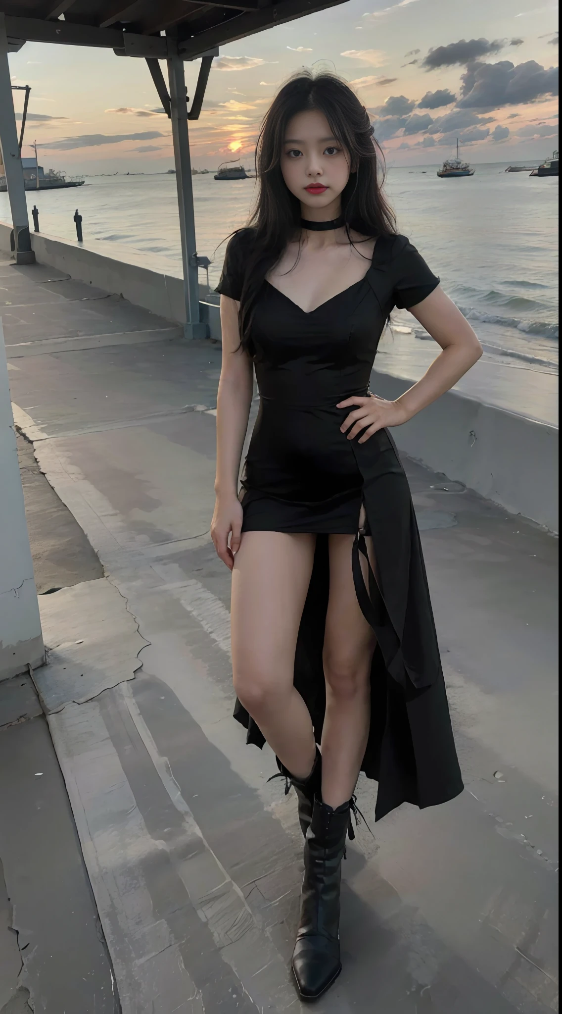 (A girl: 1.3), long black hair, standing, facing the observer, wearing a long black dress, black high-heeled boots, outdoor, seaside, beach, sunset, girl tall, beautiful, dressed conservatively, mature, smaller neckline, short sleeves