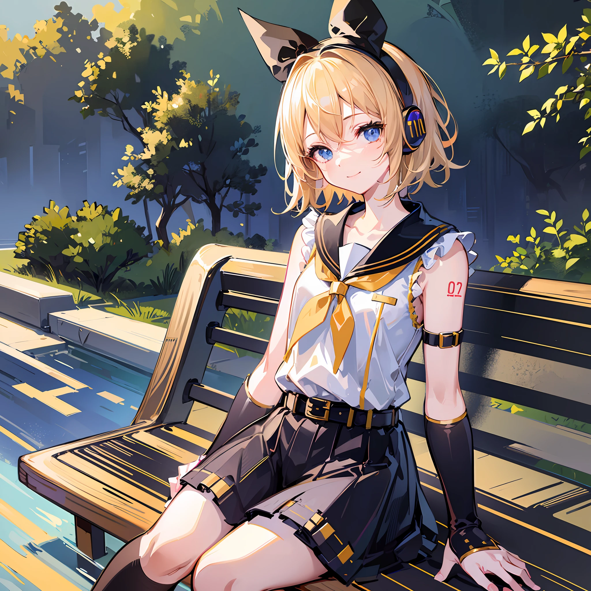 (Masterpiece), (Best Quality), (Illustration), (Super Detail), (High Definition), Absurdity, One Girl, (Kagamine_Rin), (Vocaloid), Shoulders are cut off, Short hair, Hair clip, Little red cheeks, (Blonde), Very Pretty Girl, Small, Young, Slender, Cute, She, Smile, Best Moment, Sailor Suit, Black Shorts, Yellow Neckerchiefcute, white hair ribbon, belt, blue eyes, bright eyes, cool, cute, sitting on bench, park, blue sky, smiling