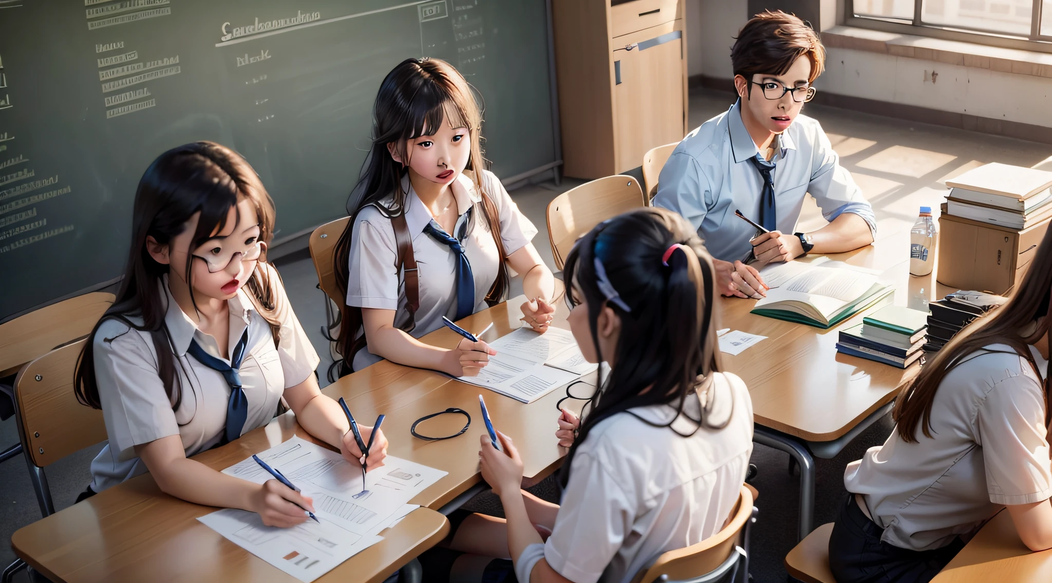 In the classroom, a group of male classmates behind a group of female students are talking