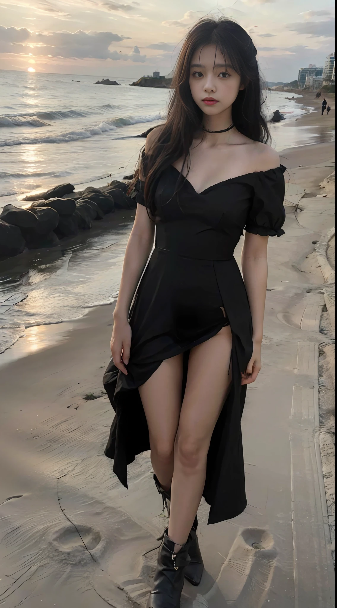 A woman in a black dress standing on a beach next to the ocean - SeaArt AI