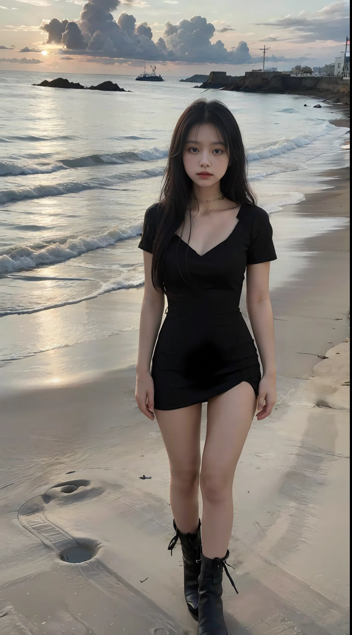 (A girl: 1.3), long black hair, standing, facing the observer, wearing a long black dress, black high-heeled boots, outdoor, seaside, beach, sunset, girl tall, beautiful, dressed conservatively, mature, smaller neckline, short sleeves