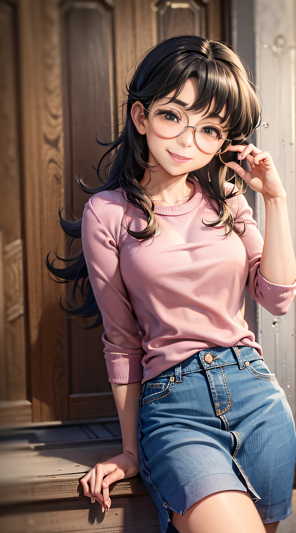 (masterpiece, best quality:1.2), cowboy shot, solo, 1girl, nobi tamako, smile, looking at viewer, glasses, pink shirt, yellow skirt