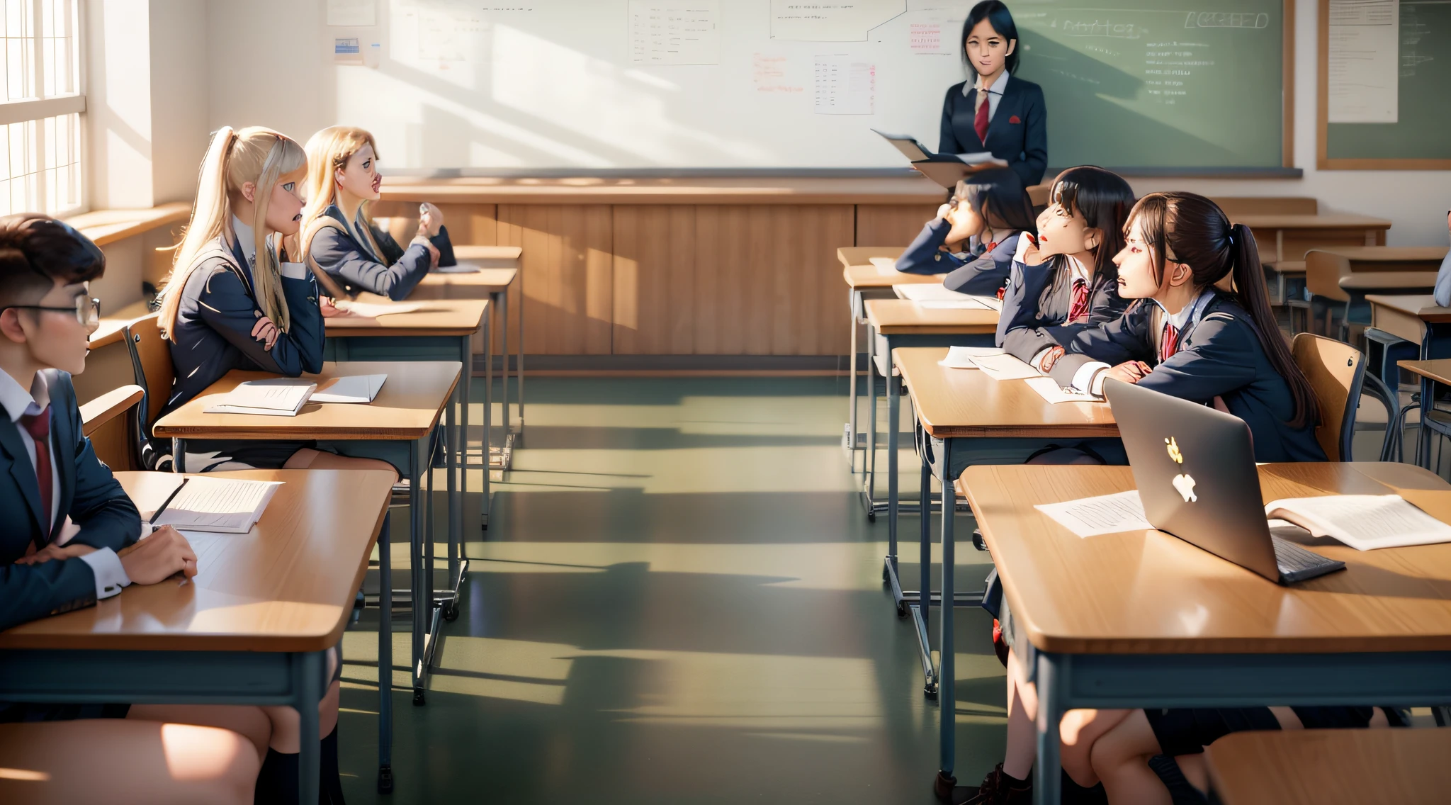In the classroom, a group of male classmates behind a group of female students are talking