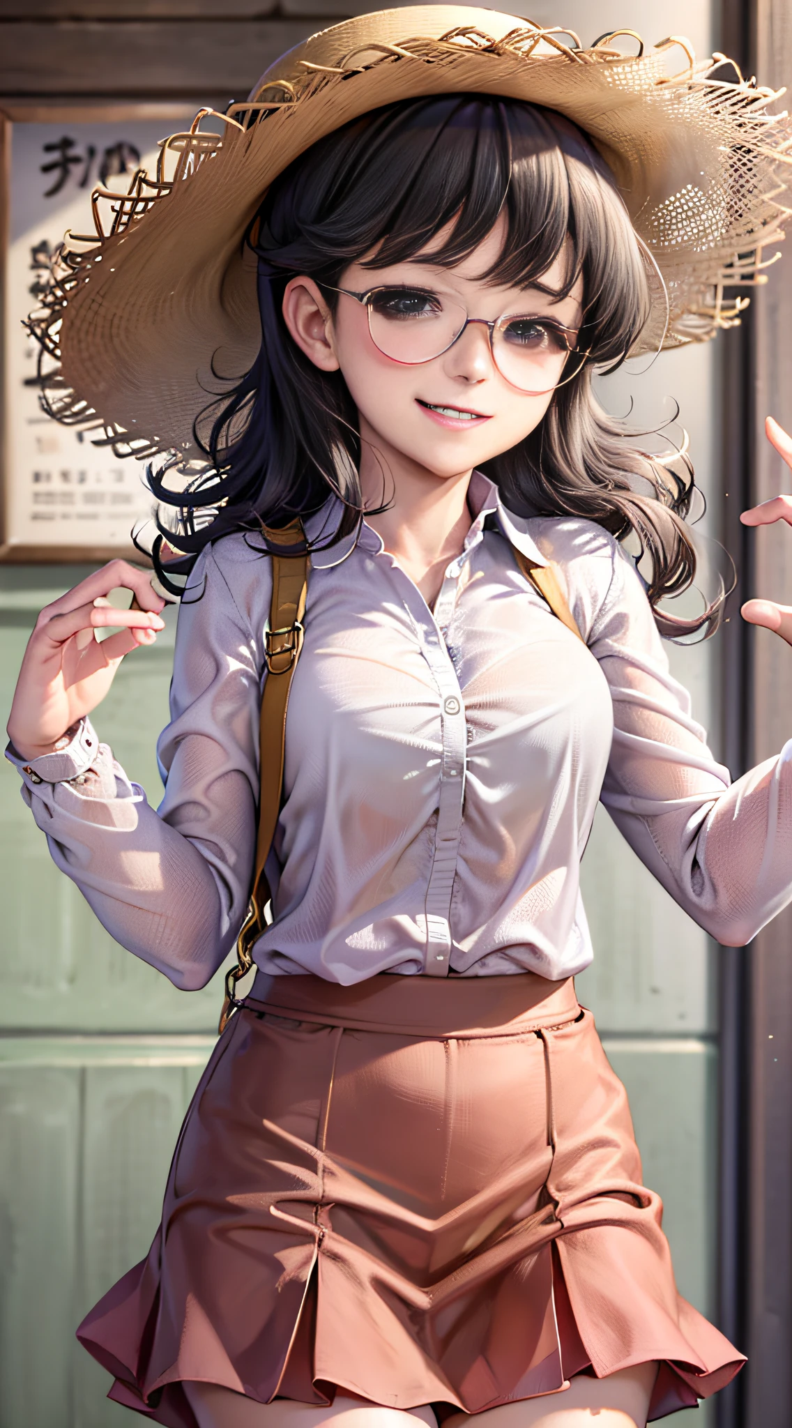 (masterpiece, best quality:1.2), cowboy shot, solo, 1girl, nobi tamako, smile, looking at viewer, glasses, pink shirt, yellow skirt