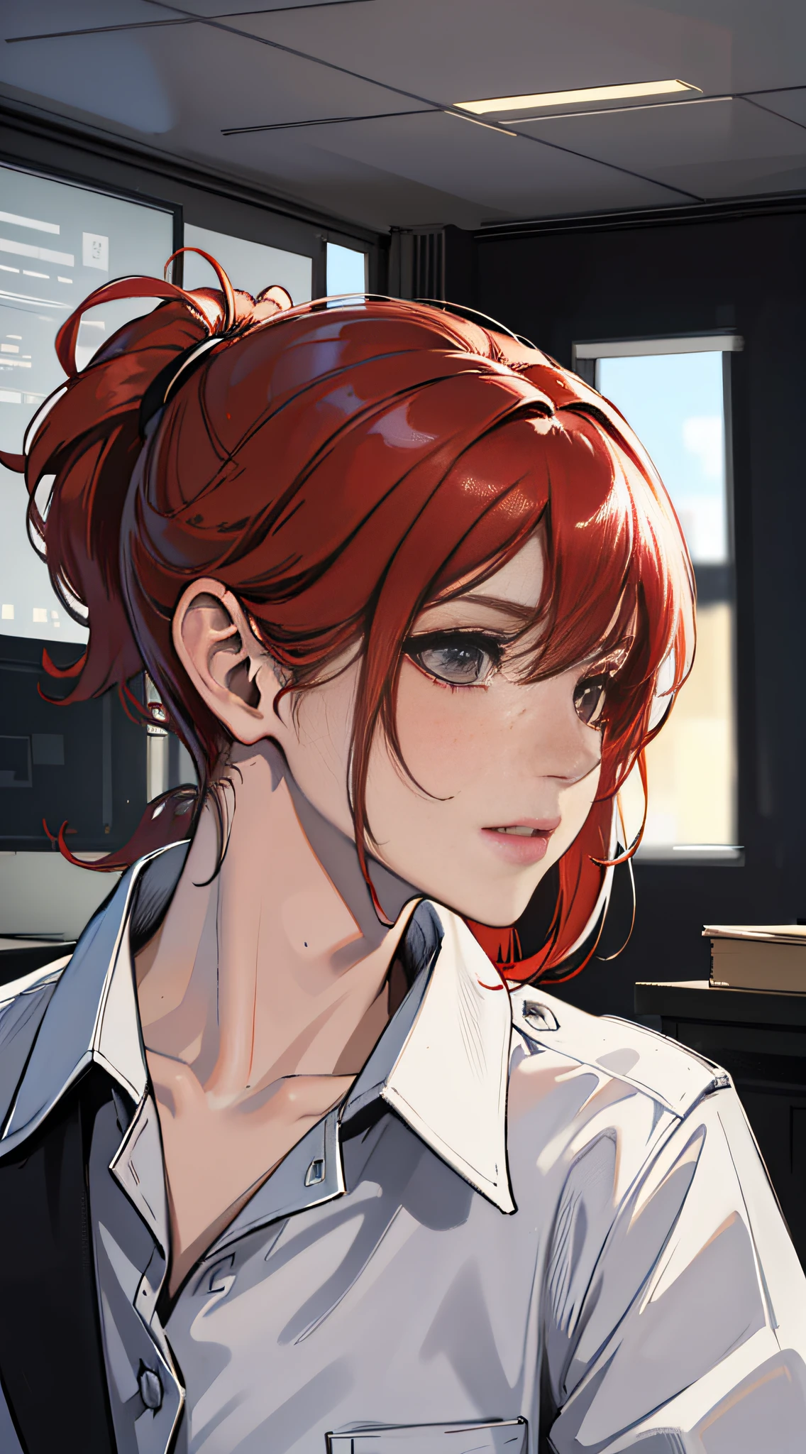 masterpiece, best quality, high res, realistic, award winning photo of makima, office, red hair, short hair ponytail, white shirt, black pants, black tie, looking at viewer, high detailed,