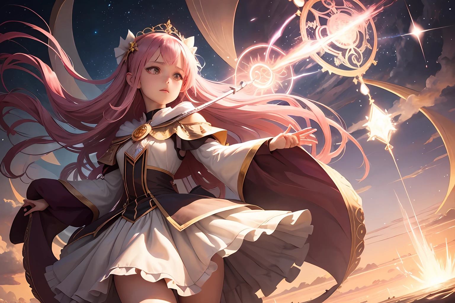 Top quality, masterpiece, one, Puella Magi Madoka launches magical attacks on an incredible scale and summons tremendous weapons from the sky, mysterious, magical, intricate contrasting geometric patterns with wide skirt hem wizard costume, well-formed face, beauty, photorealistic