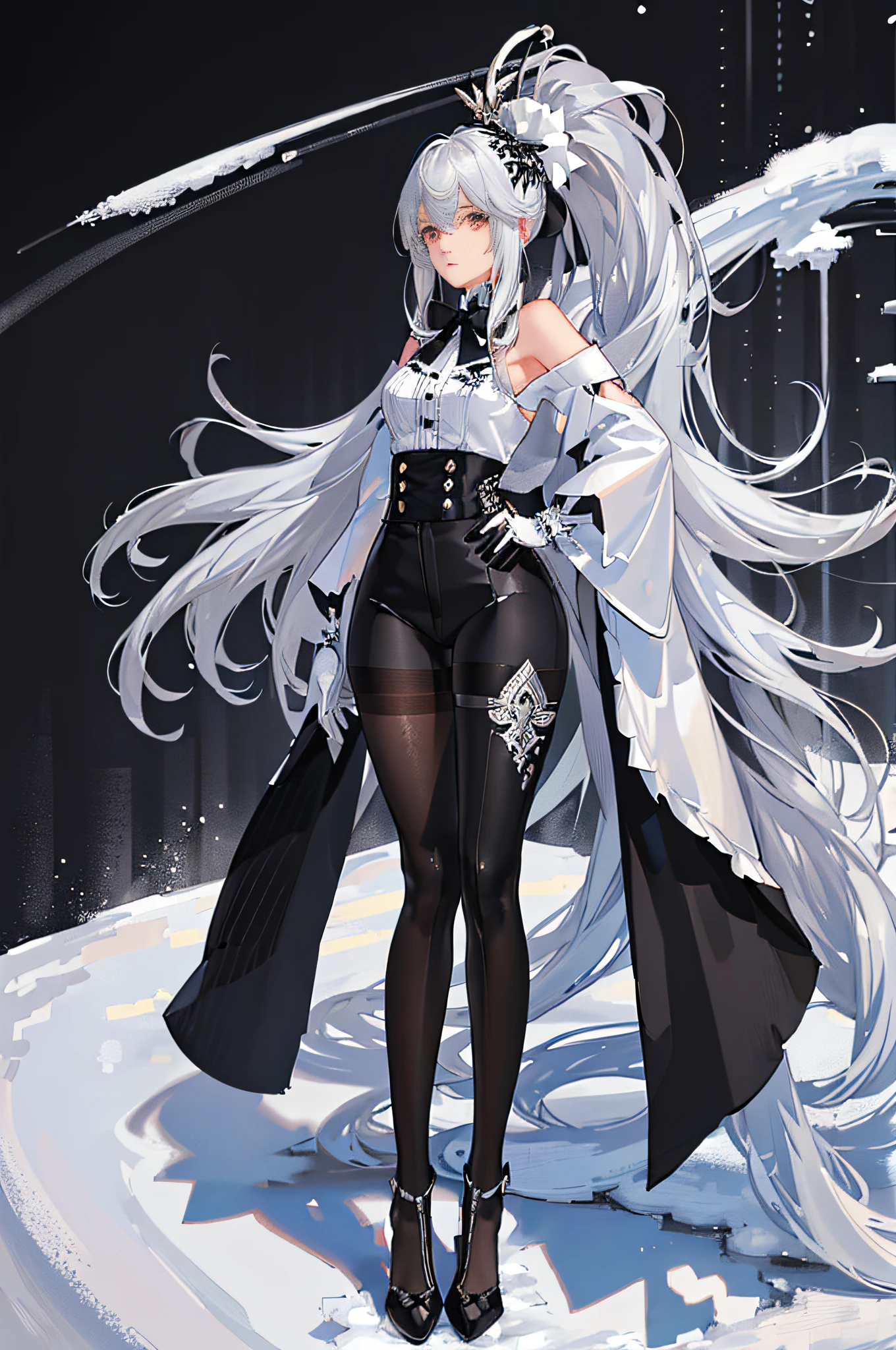 (((1 girl)),[detailed background (in the snow)),((silver hair)),((silver hair)),(silver hair)),(Fluffy silver hair, plump and slender girl)) with high ponytail)))((((Girl wearing intricately embroidered black high-waisted pants with pantyhose) and white ruffled bow gloves), showing a delicate slim figure and graceful curves, correct limbs
