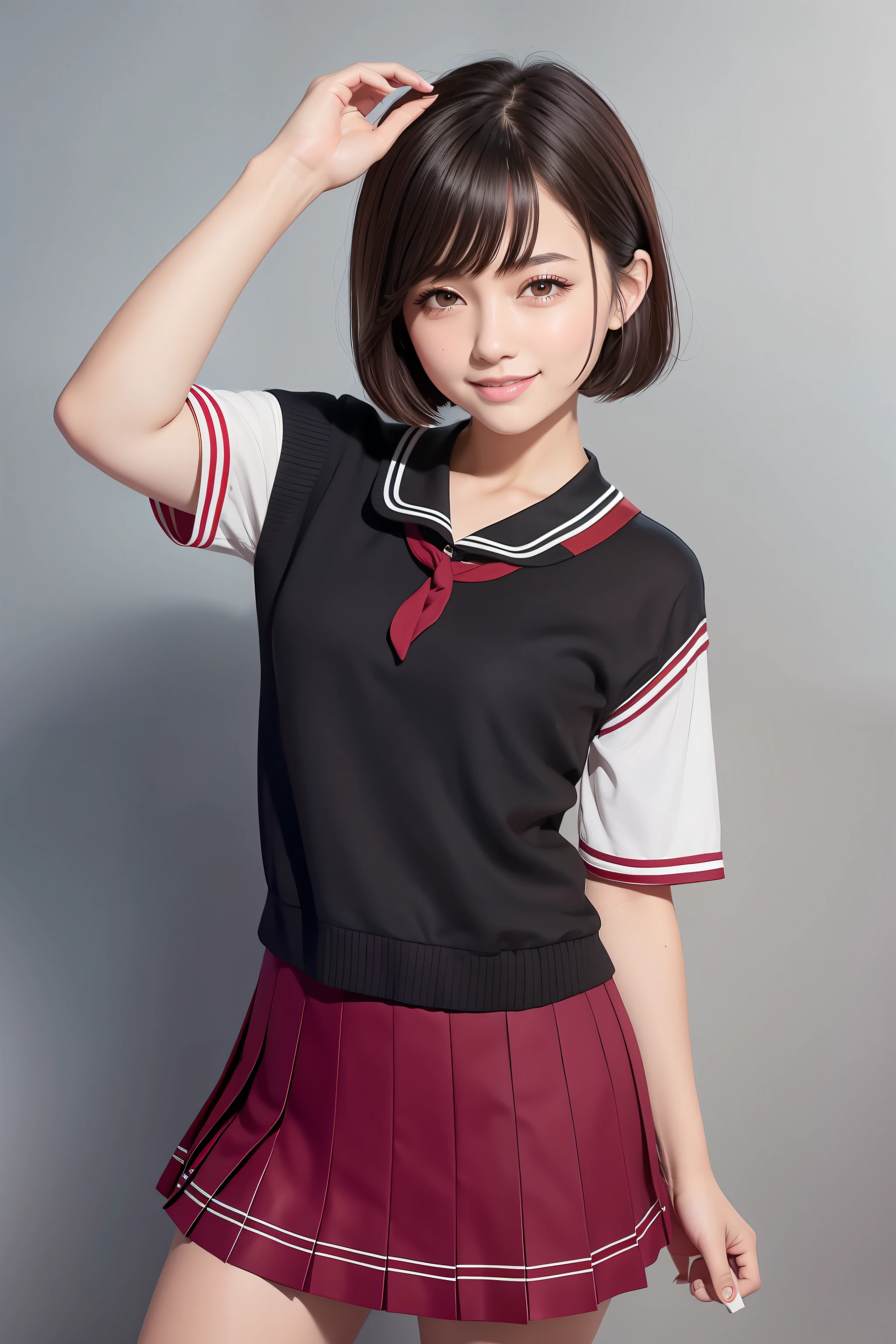 Bob Hair, Short Hair, Black Hair, Brown Eyes, Student, JK, Schoolgirl, , Sailor Suit Dark Red Pleated Skirt, Smile, Elegant, Mature
