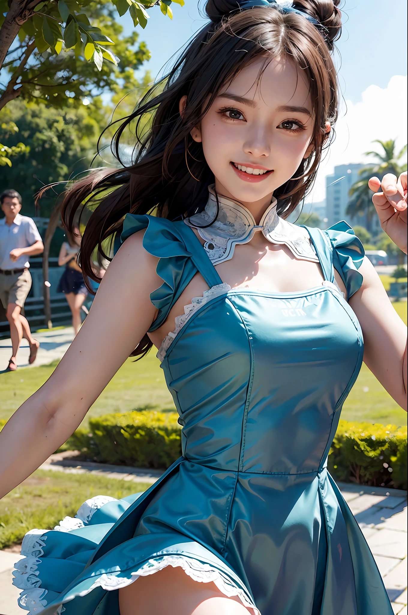 1 girl, laughing, cute, dynamic pose, sweet, sun glare, chunli, conservative dress, loli lace trim dress, rabbit, bokeh, depth of field, blurred background, light particles, strong wind, head tilt,