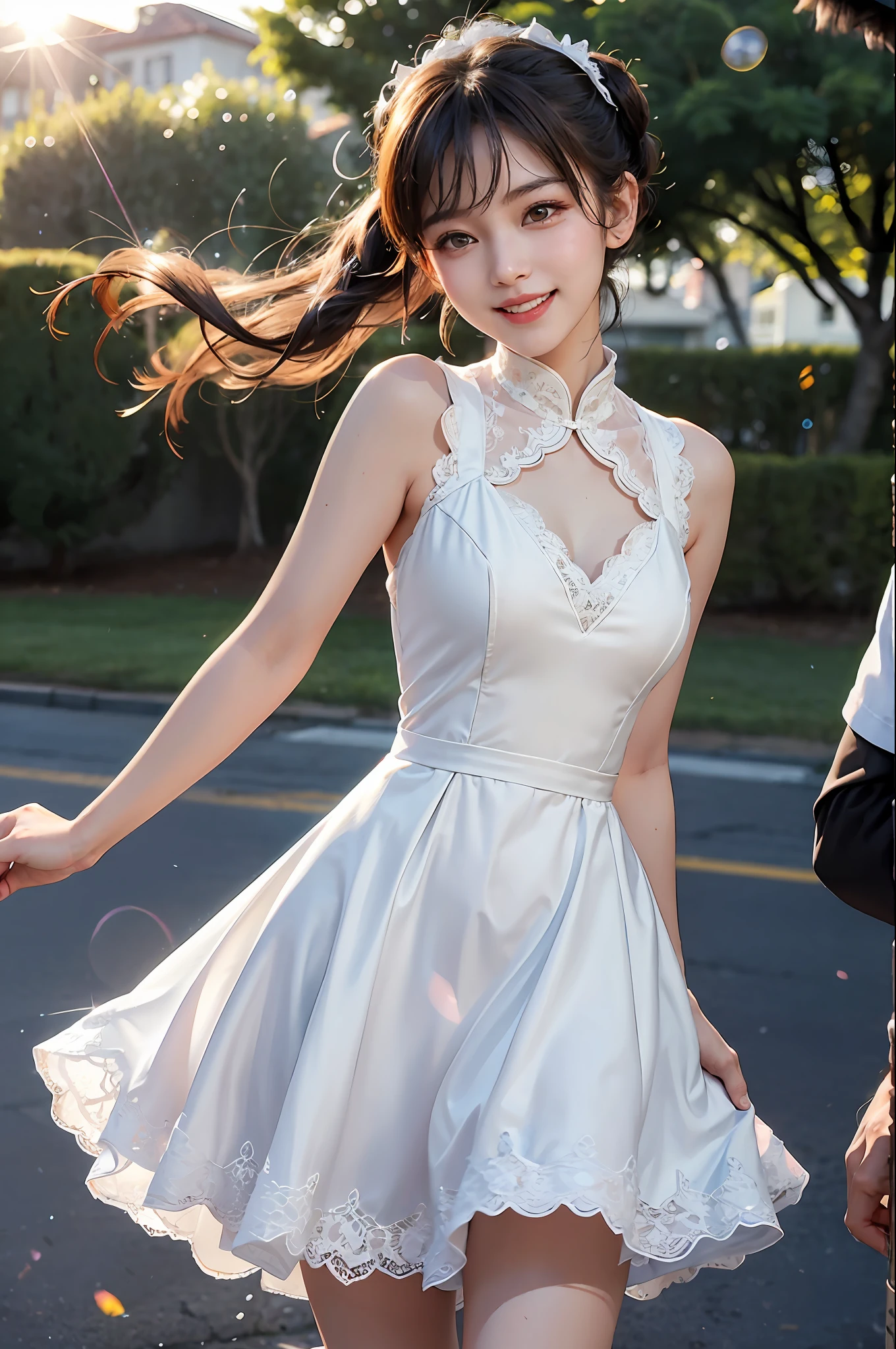 1 girl, laughing, cute, dynamic pose, sweet, sun glare, chunli, conservative dress, loli lace trim dress, rabbit, bokeh, depth of field, blurred background, light particles, strong wind, head tilt,