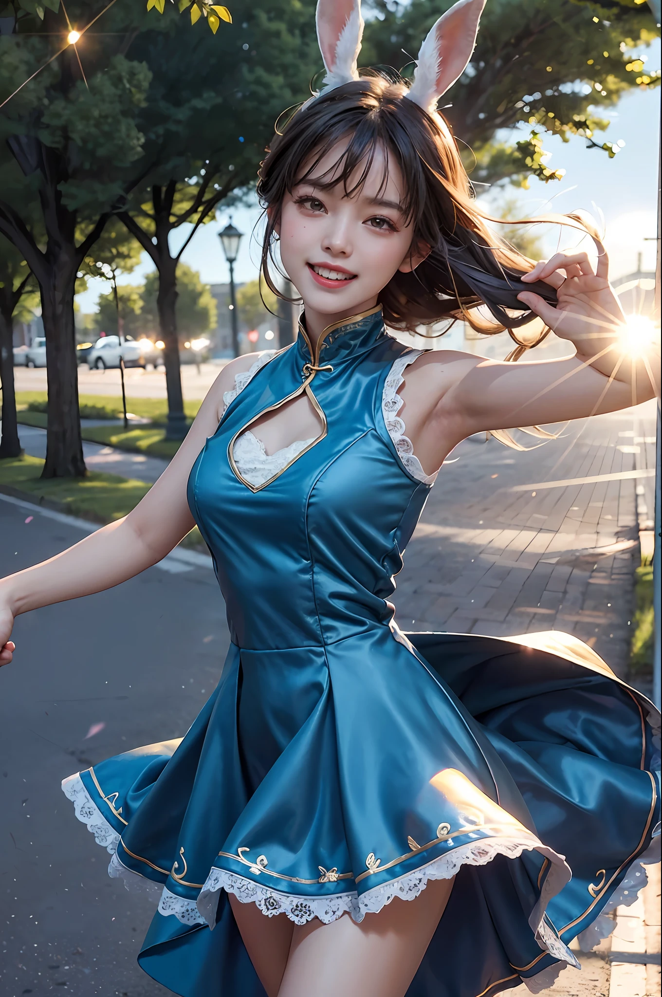 1 girl, laughing, cute, dynamic pose, sweet, sun glare, chunli, conservative dress, loli lace trim dress, rabbit, bokeh, depth of field, blurred background, light particles, strong wind, head tilt,