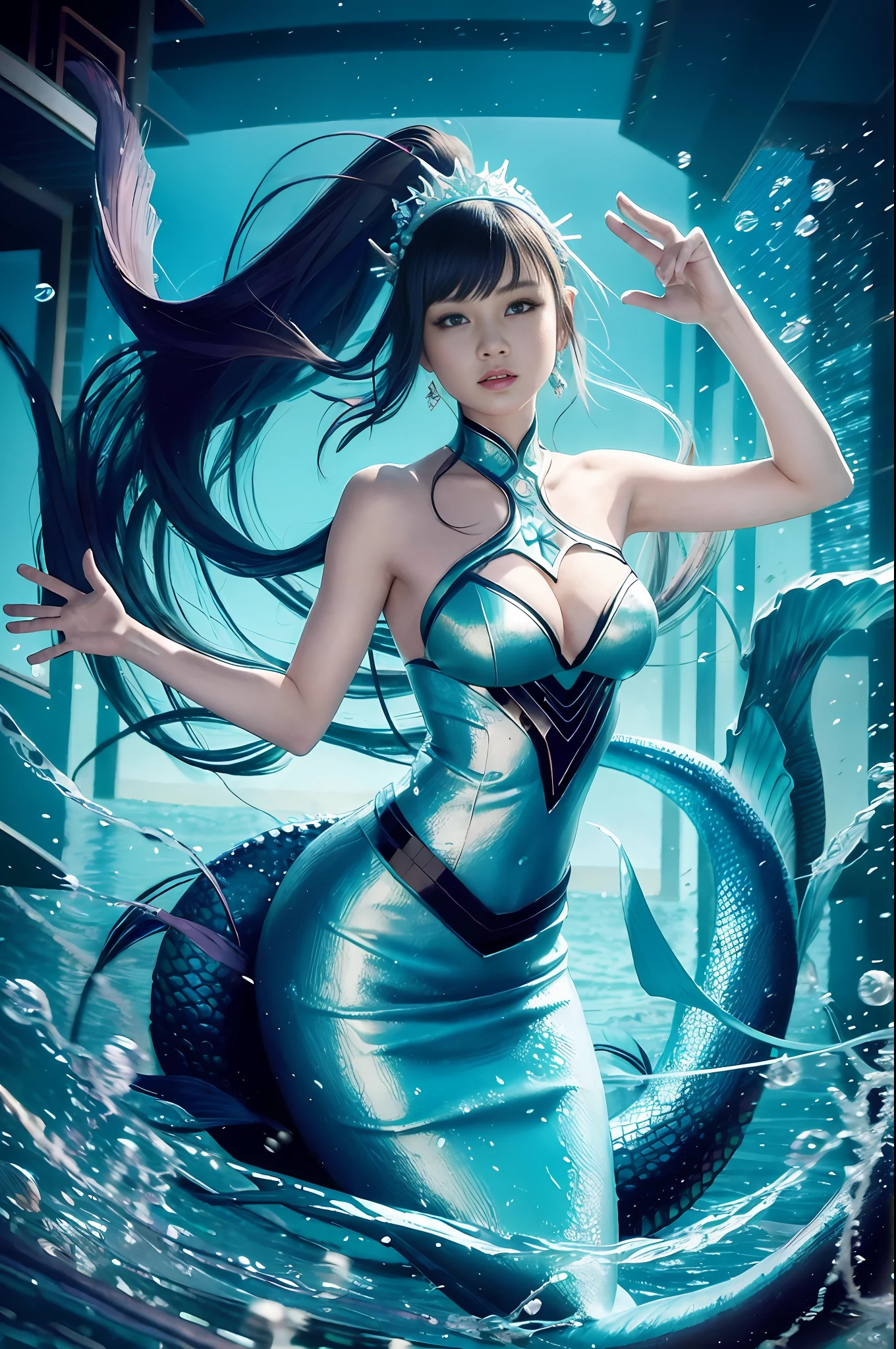 mermaid wearing hanfu and a seahorse swims under the water, asian female water elemental, beautiful mermaid, mermaid, queen of the sea mu yanling, mermaid body, goddess of the sea, portrait of mermaid warrior, goddess of the ocean, blue scales covering her chest, by Yang J, portrait of mermaid, closeup fantasy with water magic, background cyberpunk 2077, modern building, dark aesthetic, darkness, crazy visual, cinematic, grain, masterpiece, best quality