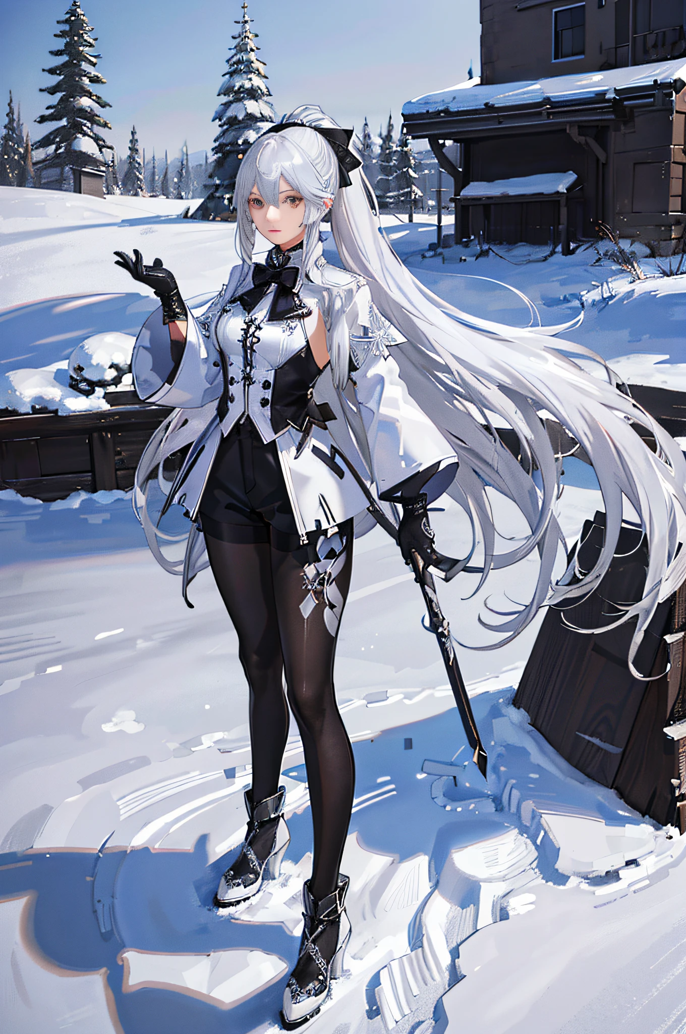 (((1 girl)),[detailed background (in the snow)), holding a long sword in his hand, ((silver hair)), ((silver hair)), (silver hair)), (fluffy silver hair, plump and slim girl)) with a high ponytail))) (((girl wearing intricately embroidered black high-waisted pants with pantyhose) and white ruffled bow gloves), showing a delicate slim figure and graceful curves, correct limbs