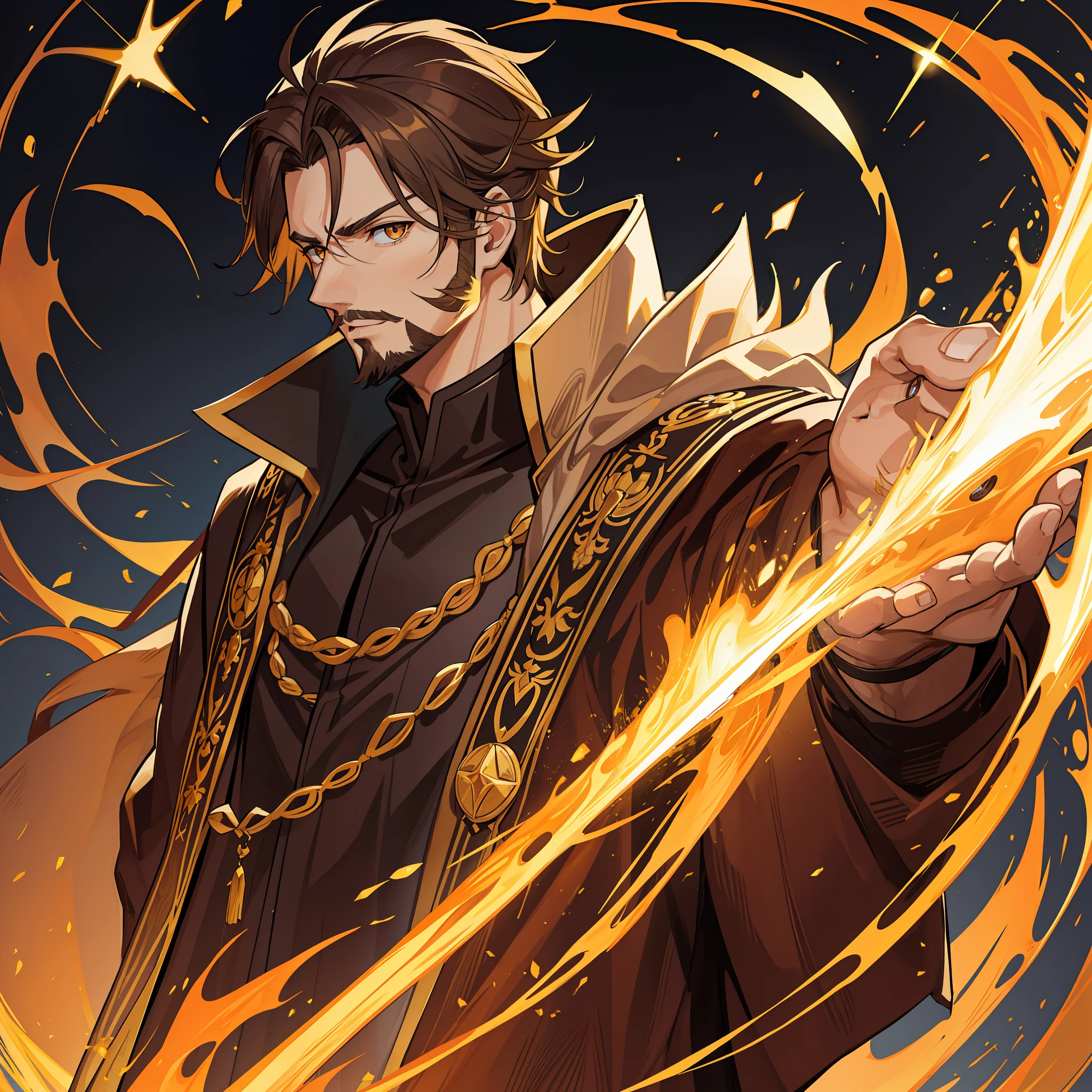 A strong man with light brown hair and golden eyes, noble robes of black color and goatee
