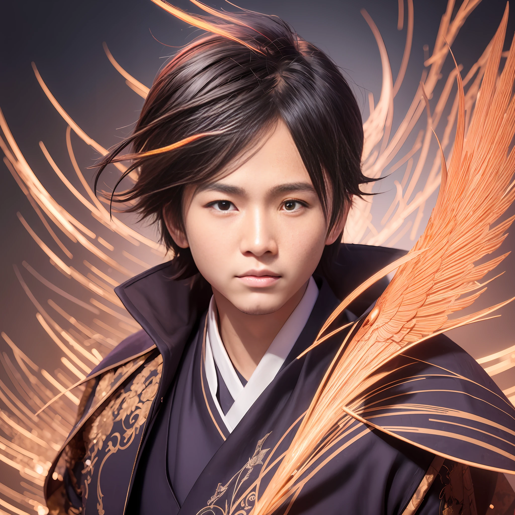 A Chinese boy, dressed in Han clothes, three-dimensional facial features, with a purple phoenix beside him, is stunning and gorgeous. bokeh, low angle shot, front view, cinematic style, cinematic, realism, surreal, fantasy, mythology, product rendering, movie poster, blockbuster, ultra hd, detail, 8k --AR 3:4 --niji 5 --s 180 --stylistic expression --auto --s2