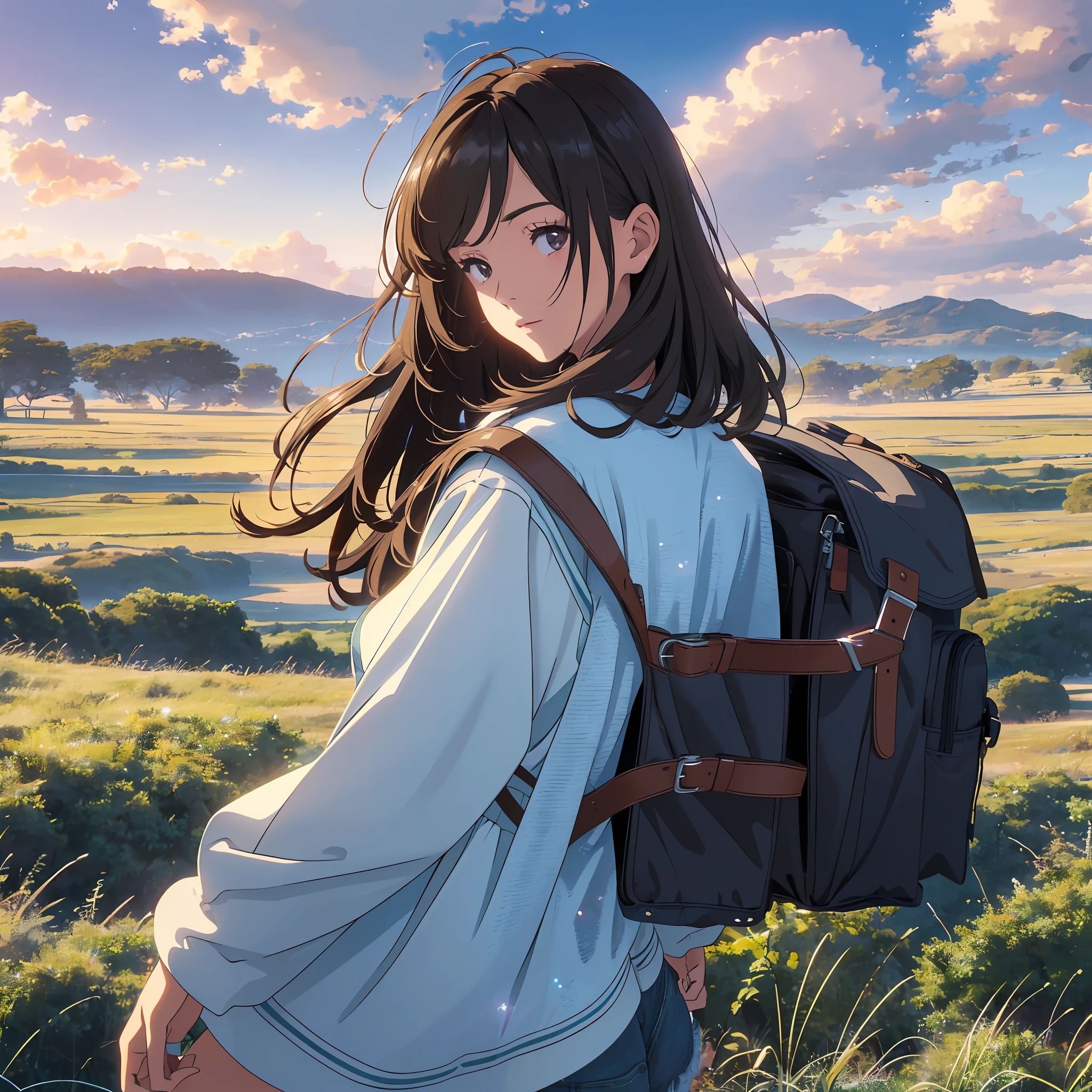 (beautiful and magnificent skyline, majestic sky), (extremely tense and dramatic pictures, moving visual effects), (high hanging Polaris, colorful natural light), (1girl), (long-sleeved top, denim shorts, carrying a backpack), (dynamic pose:1.3, black eyes, black hime-cut hair, sparkling girl)[:0.8], (large grassland), (oncoming breeze), (brown hair and background Coordination effect: 1.2), (close shot, long shot mix and match)[::0.9] --auto --s2