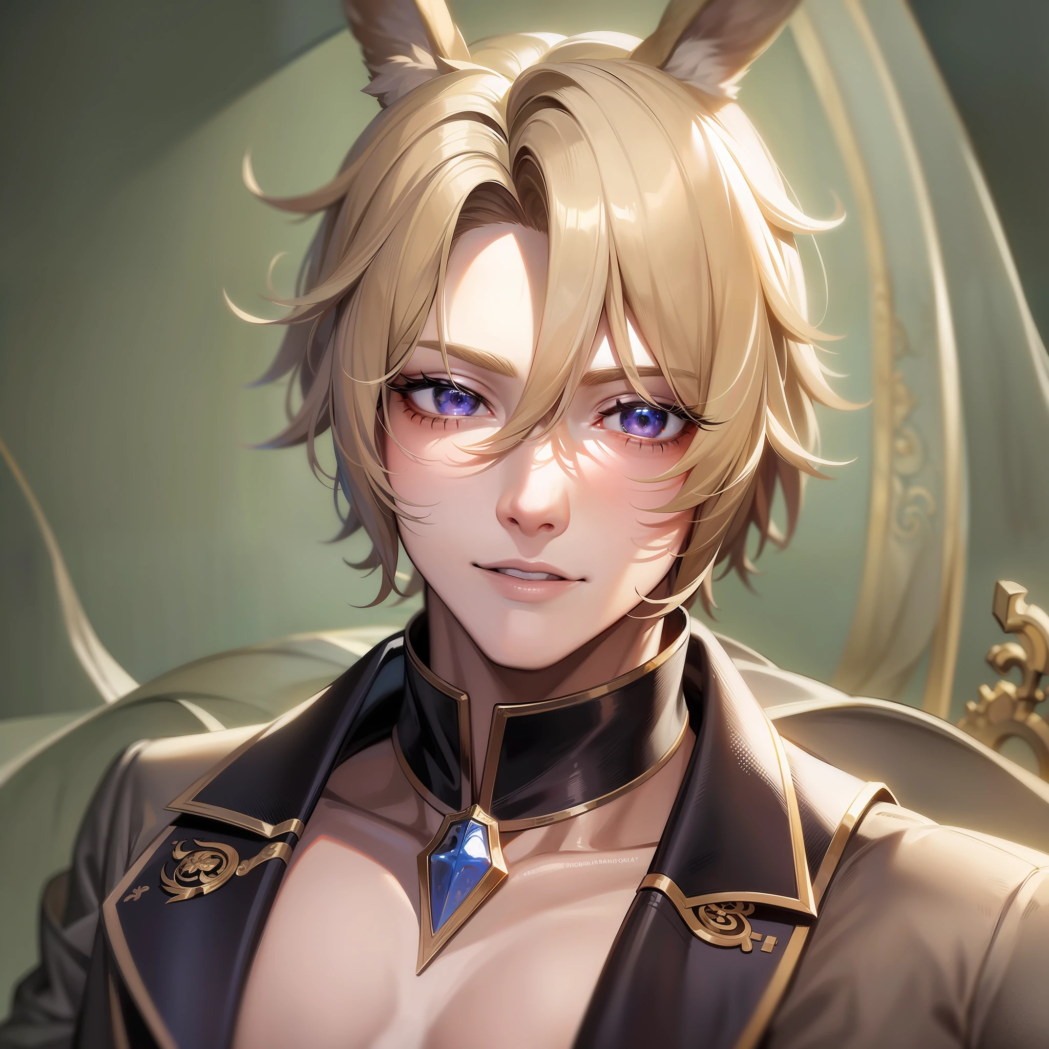 (Masterpiece) 8K resolution, handsome young man with rabbit ears, blond bob hair and ash gray eyes, fantasy style,