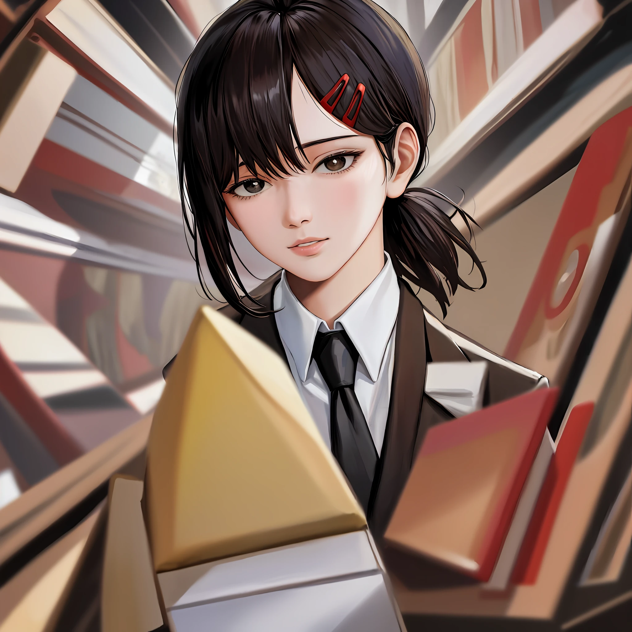 best quality, masterpiece, highres, artist_name, asian, black_hair, black_jacket, black_necktie, brown_eyes, collared_shirt, formal, grey_background, lips, looking_at_viewer, necktie, nose, realistic, shirt, solo, suit, upper_body, white_shirt, wing_collar