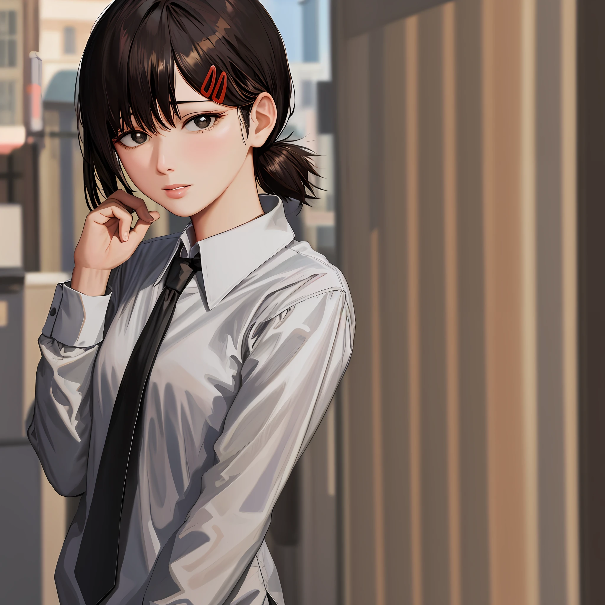 best quality, masterpiece, highres, artist_name, asian, black_hair, black_jacket, black_necktie, brown_eyes, collared_shirt, formal, grey_background, lips, looking_at_viewer, necktie, nose, realistic, shirt, solo, suit, upper_body, white_shirt, wing_collar