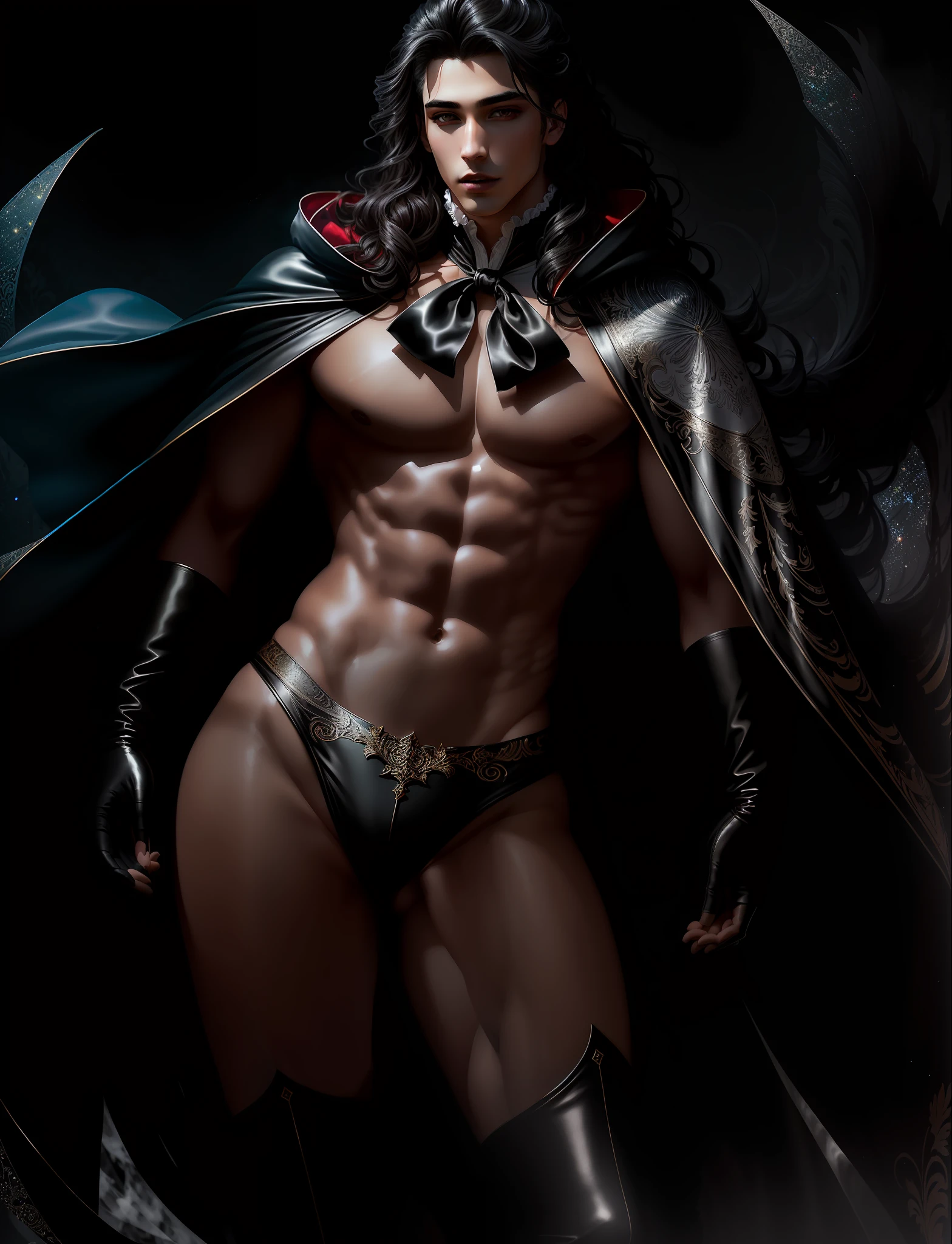 masterpiece, ultra detailed artistic photography of a beautiful guy vampire model, 1guy, perfectly drawn face, A majorelle cloak fluttering in the wind, high heel knee high boots, leather gloves, art by alberto seveso, ink flow, 8k resolution, photorealistic, ultra-high quality, very long wavy white hair, fashionable Victorian uniform, photoshoot set detailed background, covered navel, 32k, long hair, full lips, curvy guy, perfect anatomy, cinematic lighting, intricately detailed, complex, elegant, volumetric lighting, glitter