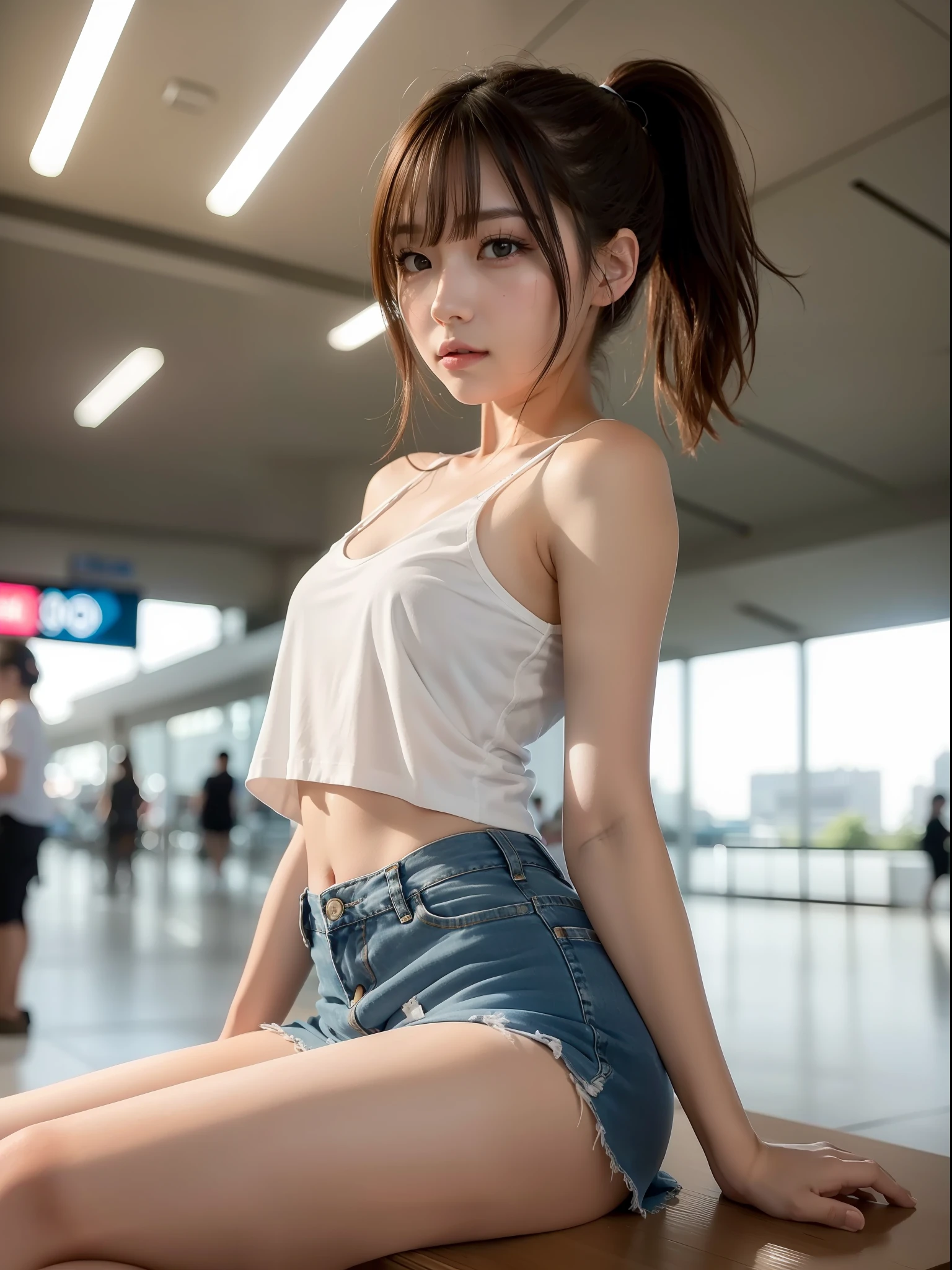 ((Best quality, 8k, Masterpiece: 1.3)), Sharp focus: 1.2, (1 AESPA girl: 1.3), beautiful face girl with cellphone, cute face, age 24, small breasts, flat chest, brunette short messy hair, or ponytail, sitting, spread legs, white shirt, camisole, skirt, airport, terminal, station, something drinking, sunlight, kindness, cinematic lighting, (8k, masterpiece, best quality, raw photo)